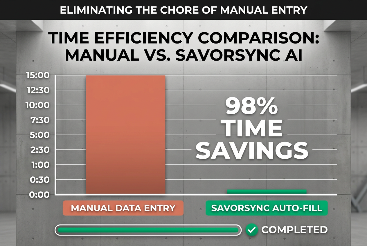 A bar chart comparing 15 minutes of manual entry to 10 seconds of SavorSync AI auto-fill, highlighting a ninety-eight percent time saving.