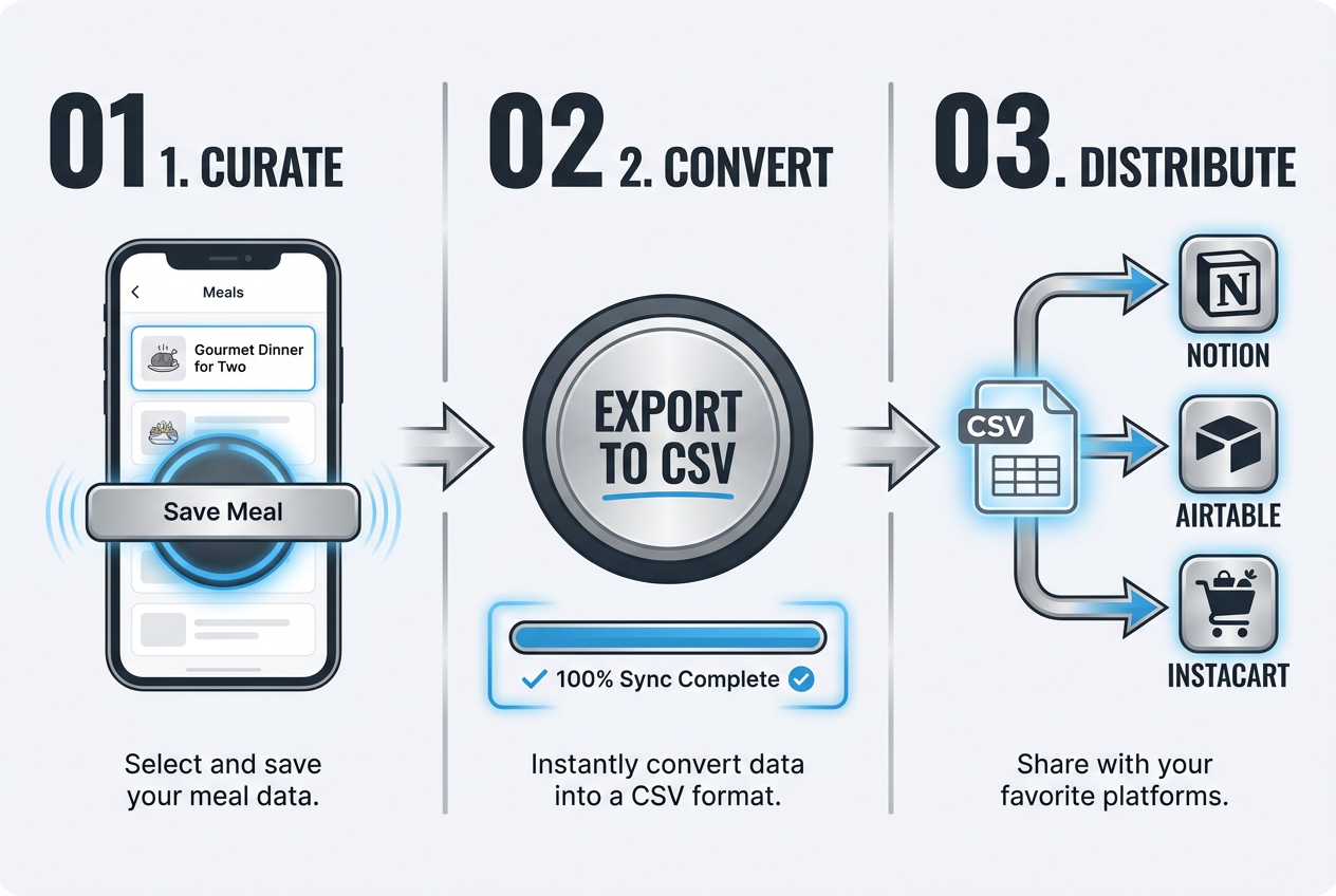 A three-step visual guide showing how to curate meals, convert them to CSV files, and export data to Notion or Instacart.