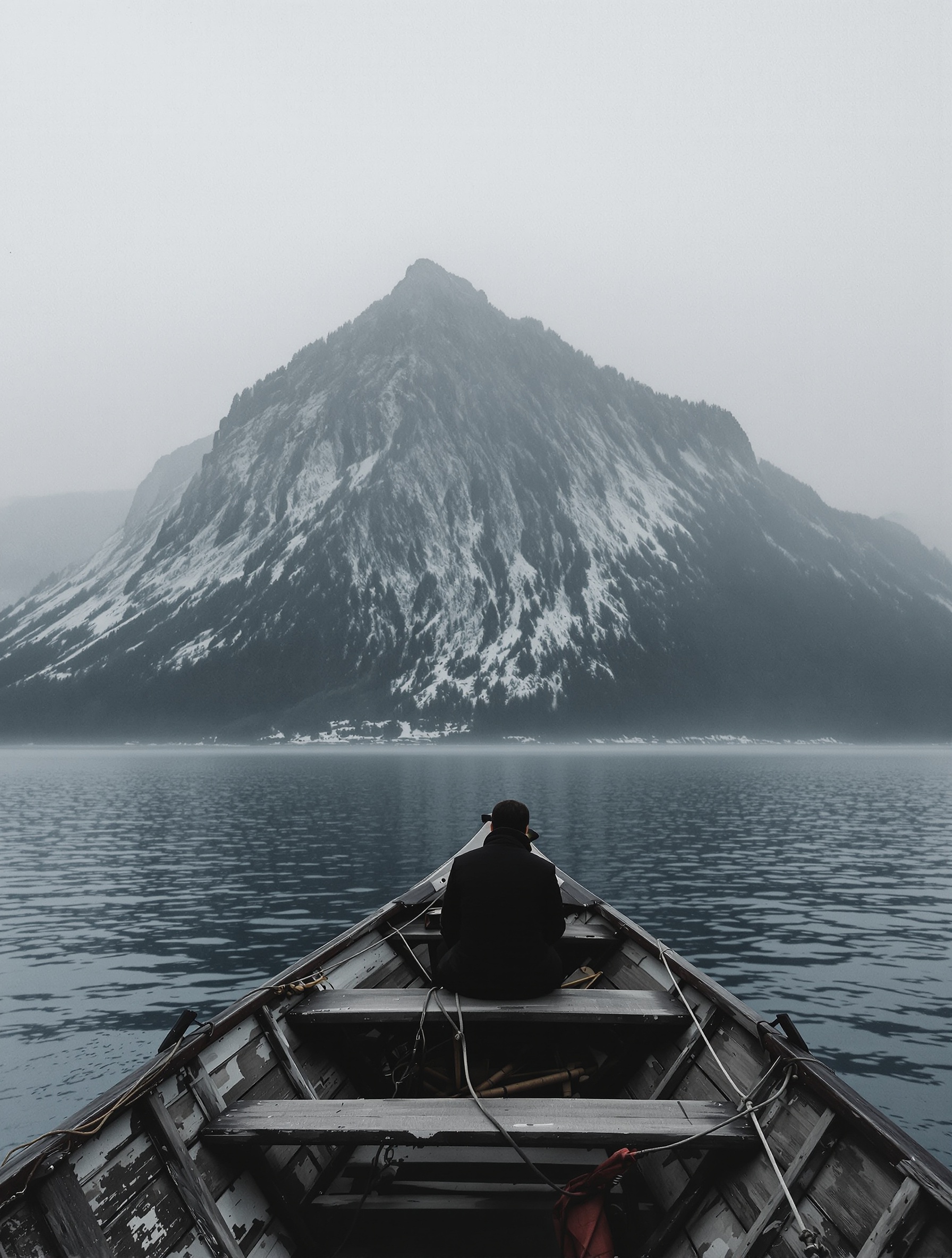 A lone figure in a wooden boat approaches the mist-shrouded Mount Athos peninsula at cold grey dawn, evoking the liminal crossing at the heart of Diamonitirion Elixir Atonit.