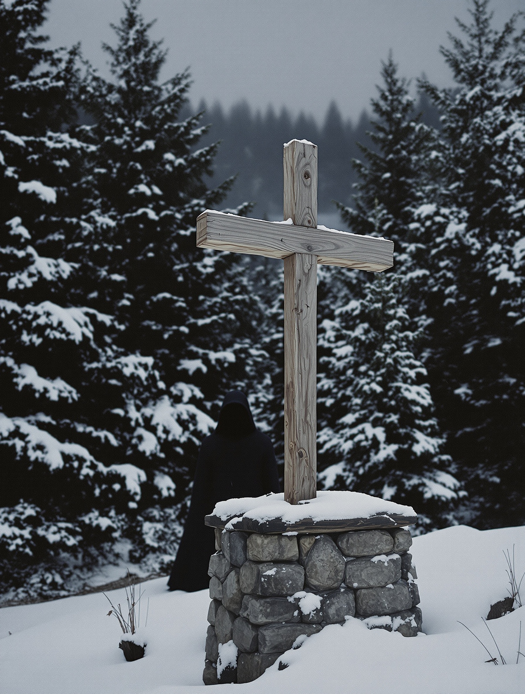 A snow-dusted wooden cross on a stone plinth stands at a dark conifer treeline at dusk, a cloaked figure barely visible behind it.