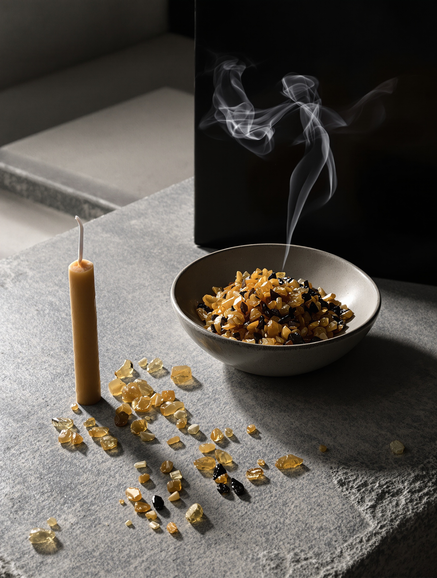 Raw myrrh and opoponax resin in an unglazed clay bowl beside a freshly snuffed beeswax candle on cold stone, the material soul of Diamonitirion Elixir Atonit made visible.