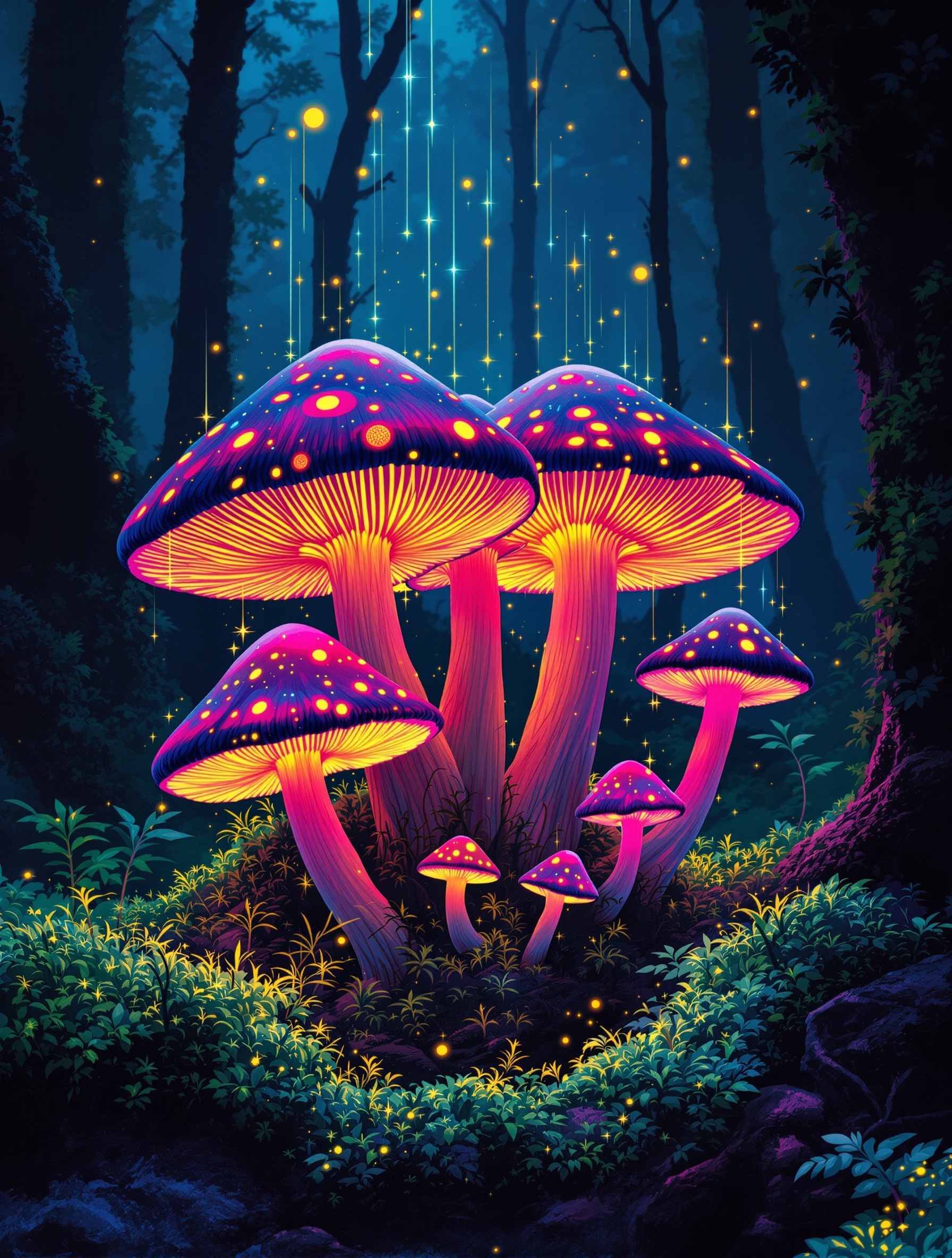 Hero vision of Nasomatto Micodelirio: a bioluminescent mushroom cluster blazing magenta and gold from black forest soil, drifting spores ascending through the hallucinatory dark.