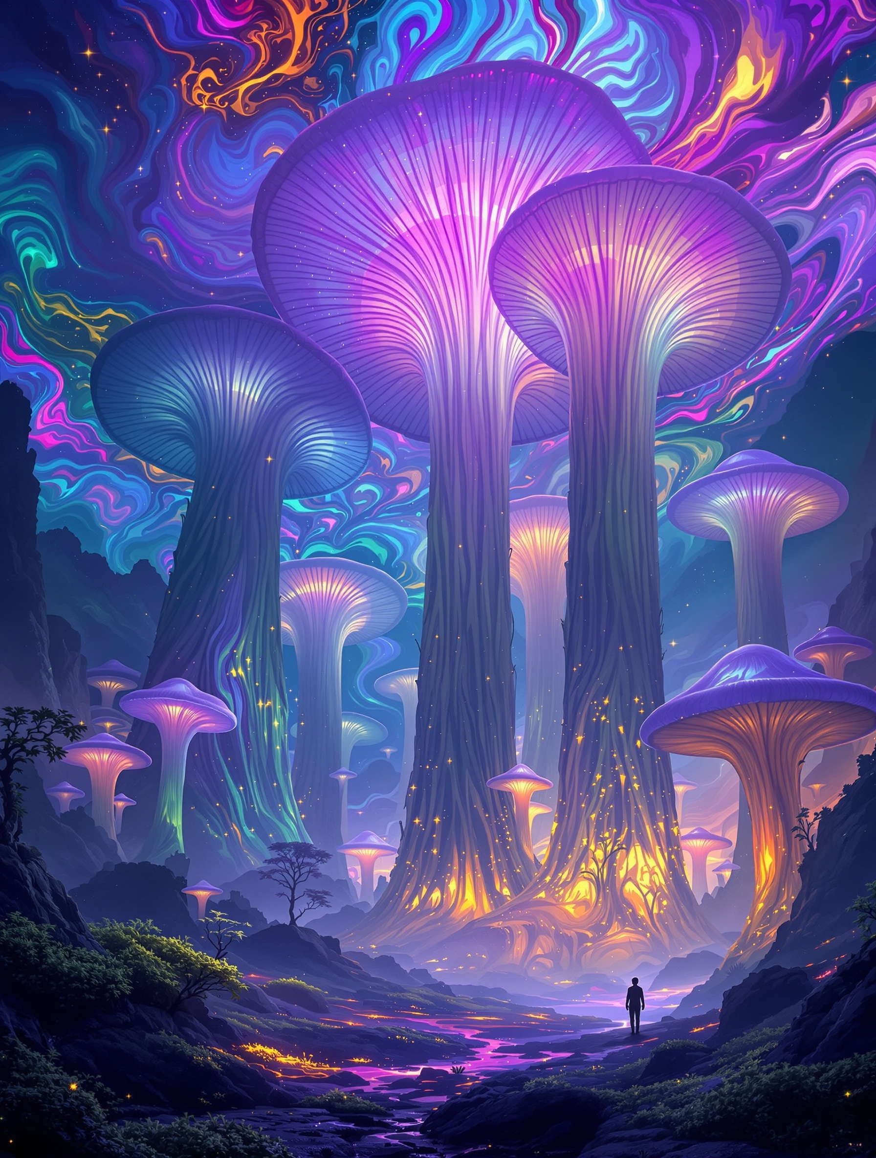 A surreal dreamworld of cathedral-scale glowing mushrooms for Nasomatto Micodelirio, towering under a swirling iridescent psychedelic sky.