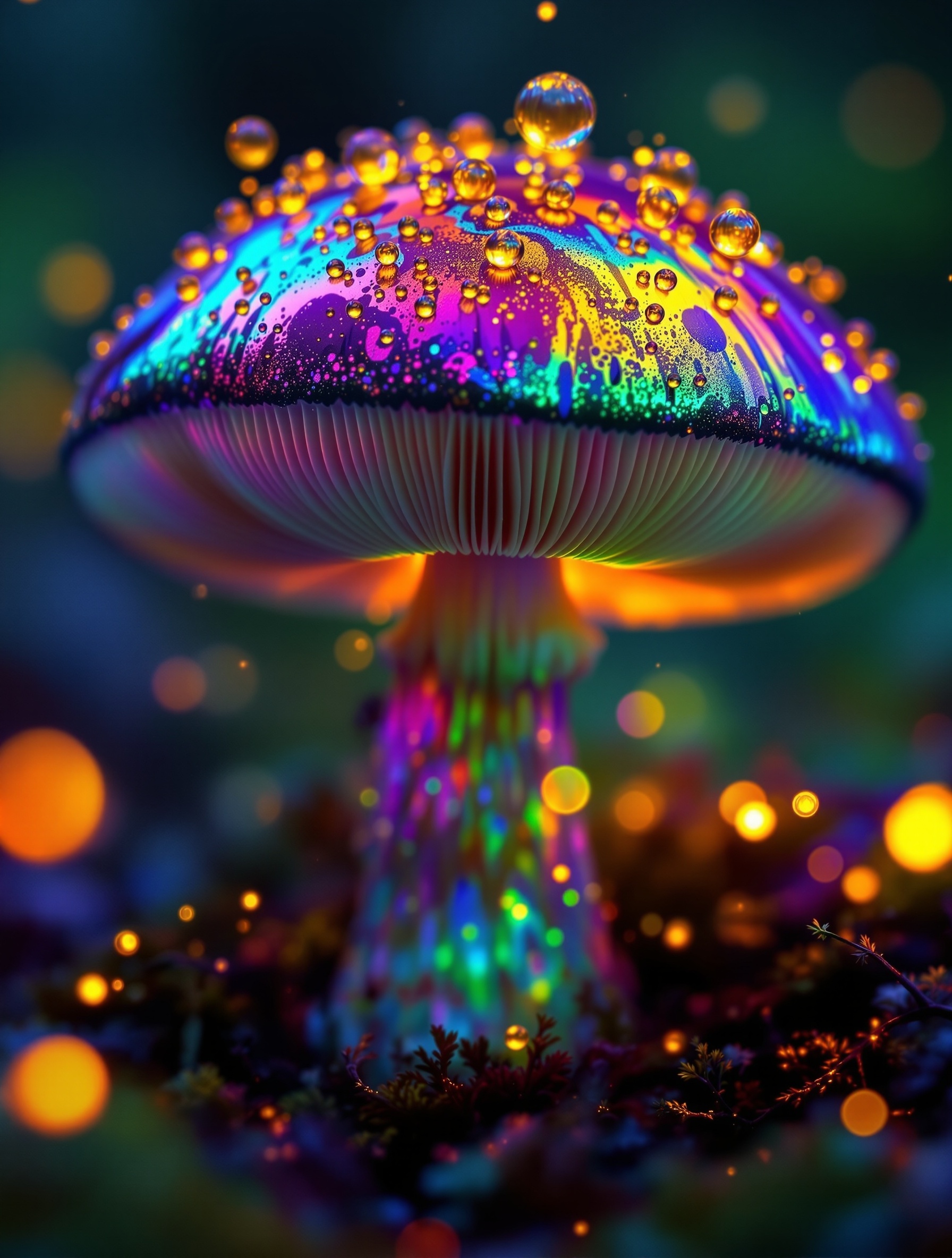 An iridescent oil-slick mushroom cap shimmering with rainbow psychedelia for Nasomatto Micodelirio, glowing spores lifting into saturated bokeh.