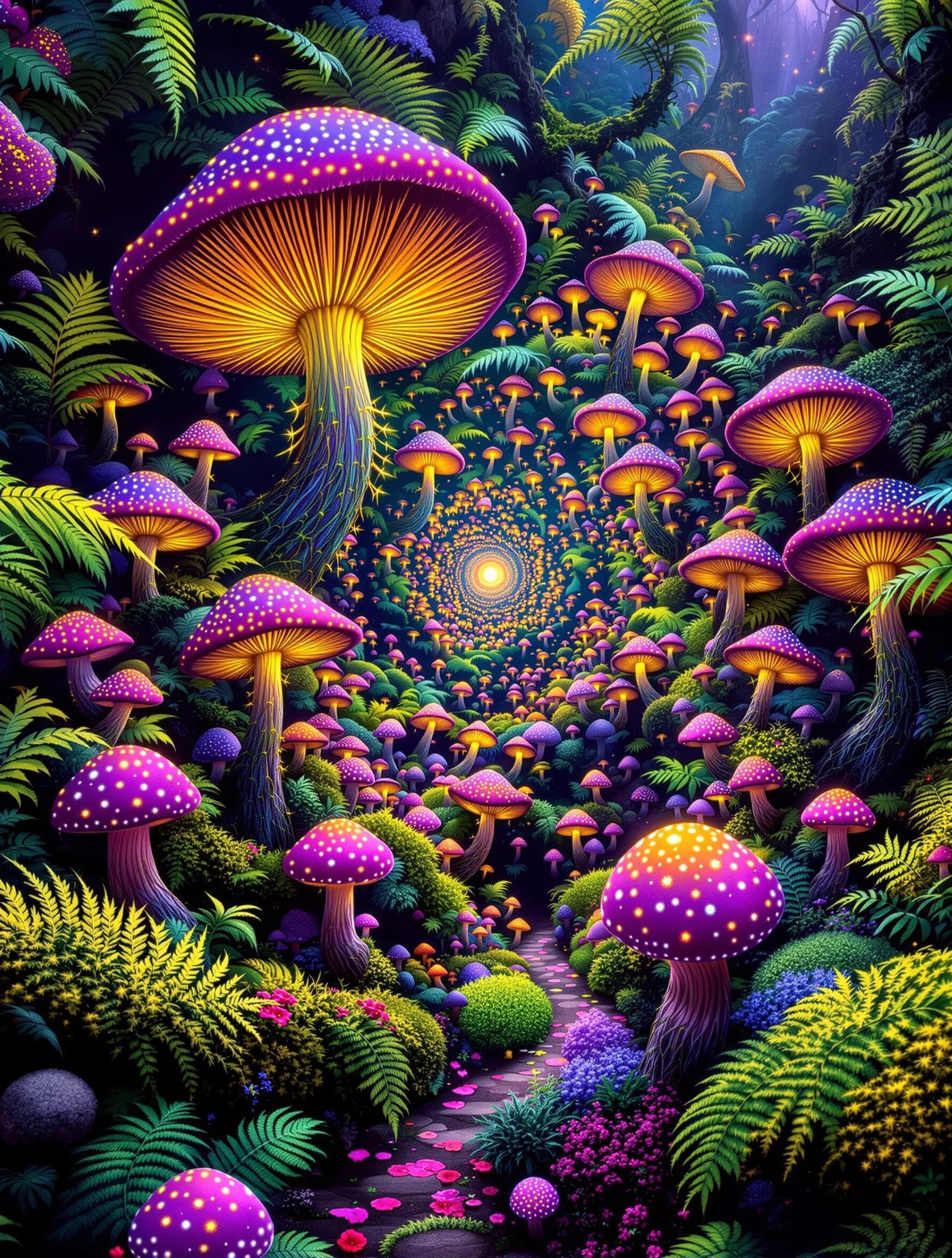 Kaleidoscopic fractal forest floor for Nasomatto Micodelirio, mushrooms and moss radiating in spiraling jewel-tone delirium.