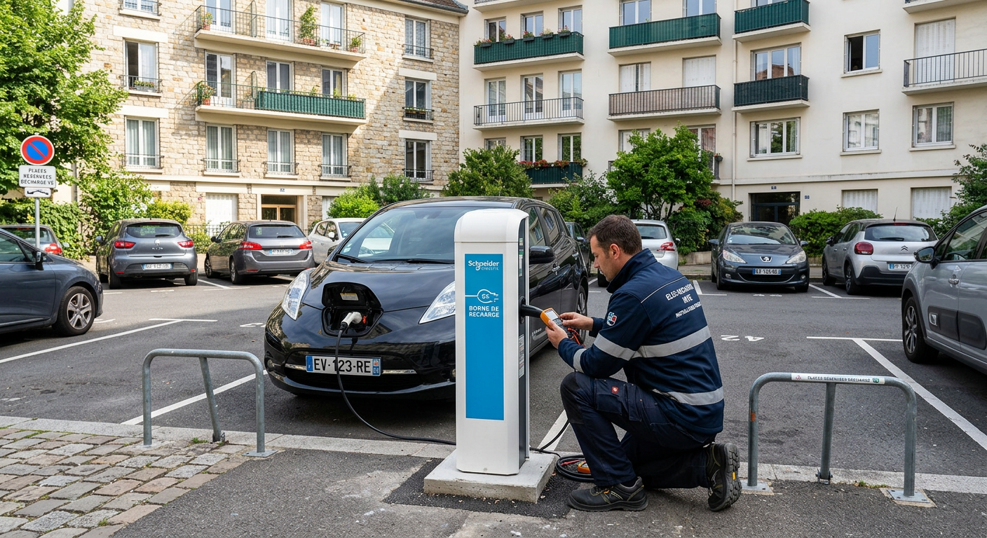Borne de recharge électrique IRVE installée dans un parking de copropriété avec un professionnel vérifiant l'installation