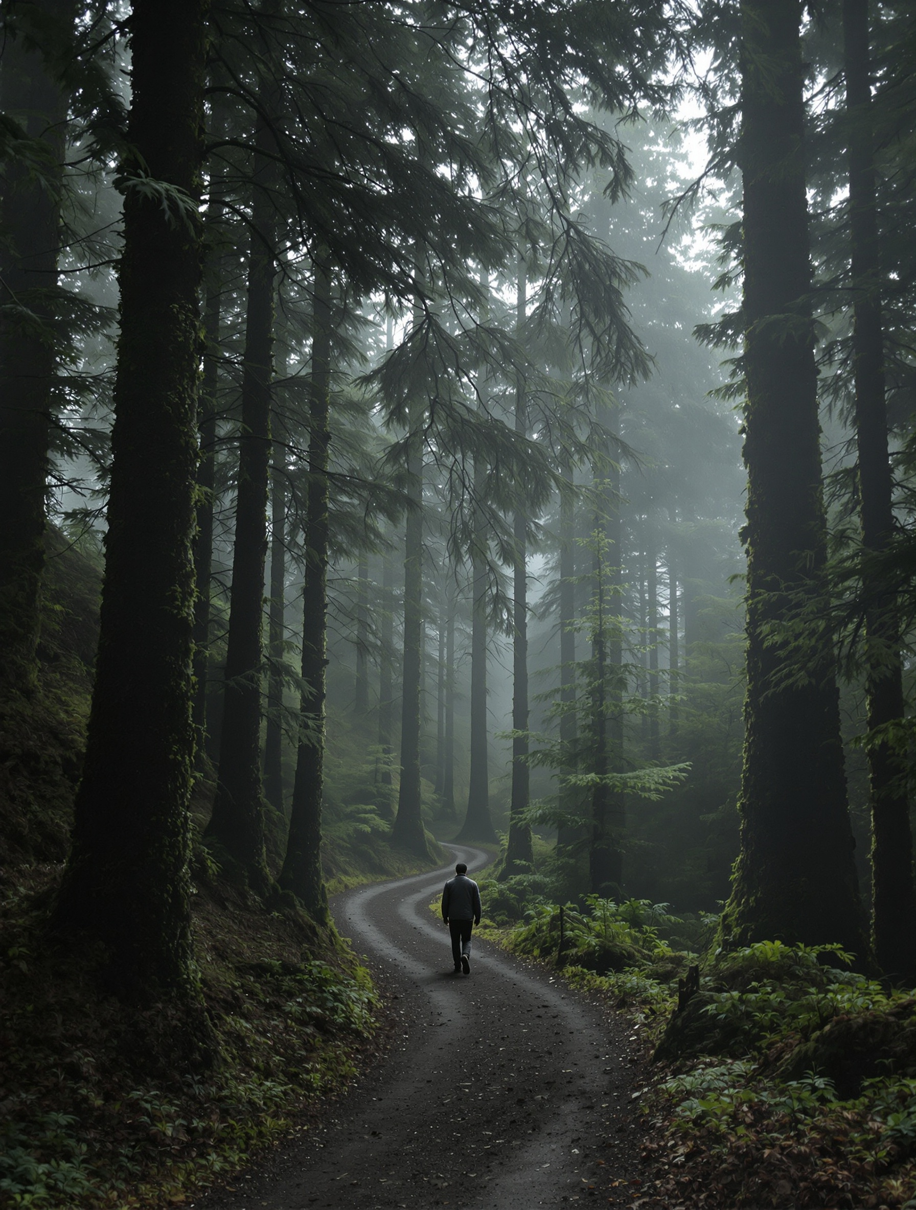 A lone figure walks away from camera along a narrow earthen trail disappearing into the deep shadowed interior of a Carpathian forest, mist threading between tall dark trunks in a single amber shaft of early light.