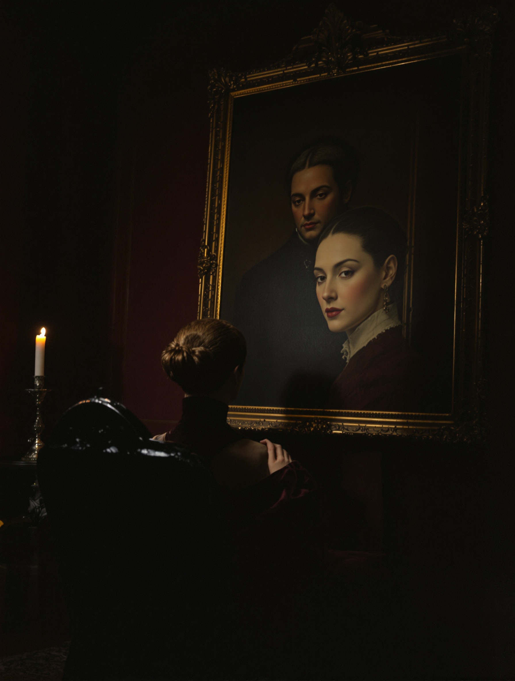 Cinematic low-light editorial for Portrait of a Lady, a woman facing her own unfinished oil portrait by candlelight.