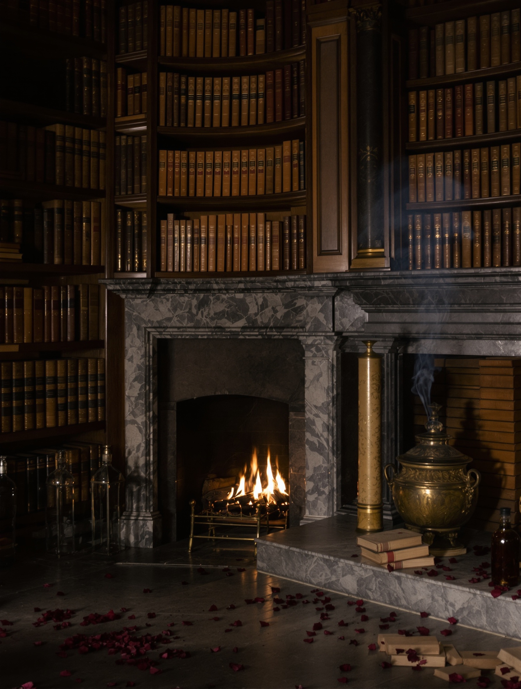 A dimly lit antique library with smoldering fireplace, tarnished brass urn exhaling incense smoke, and blackened rose petals scattered across the hearthstone floor.
