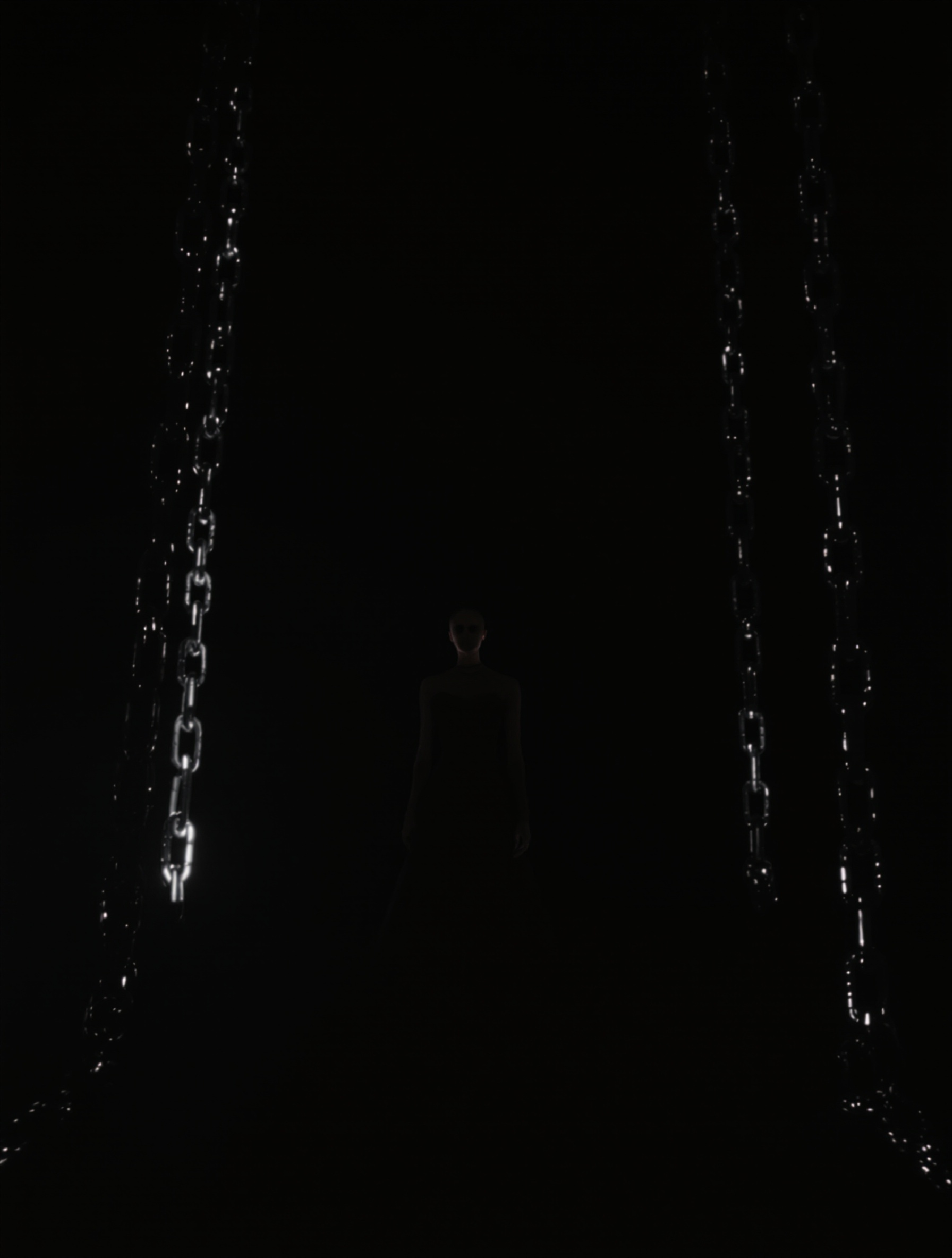Cinematic editorial for Portrait of a Lady, a still woman in profile flanked by barely visible chains in deep shadow.