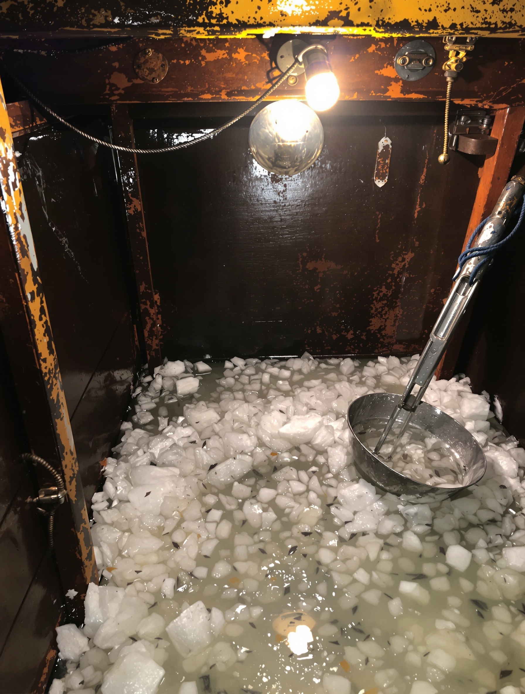 The interior of a fishing boat hold, ice melting into brine under a bare bulb, scales and corroded iron, an unpopulated scene evoking Megamare by Orto Parisi.
