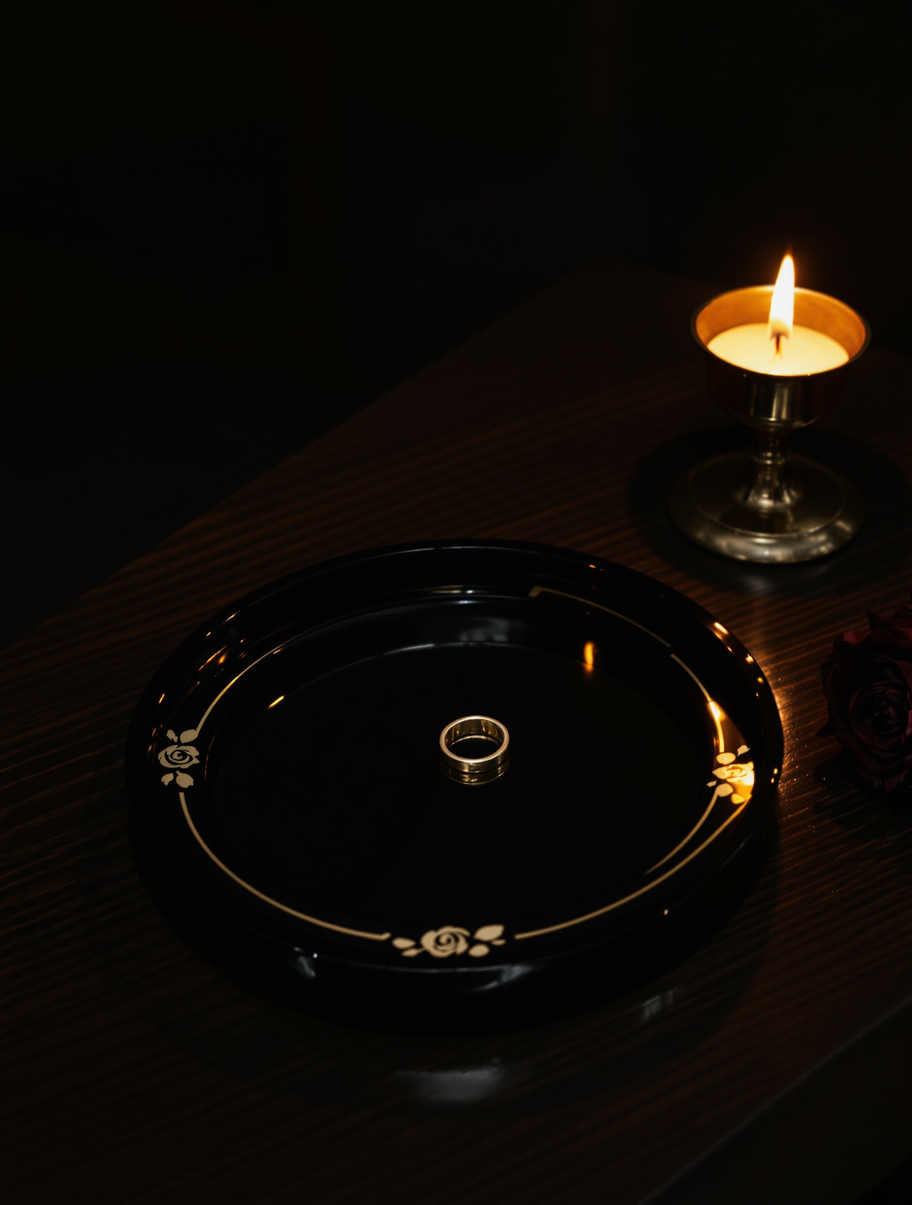 A candlelit black lacquer tray holding a gold ring and a curl of dark hair beside a dried rose on a mahogany surface, bathed in amber shadow.