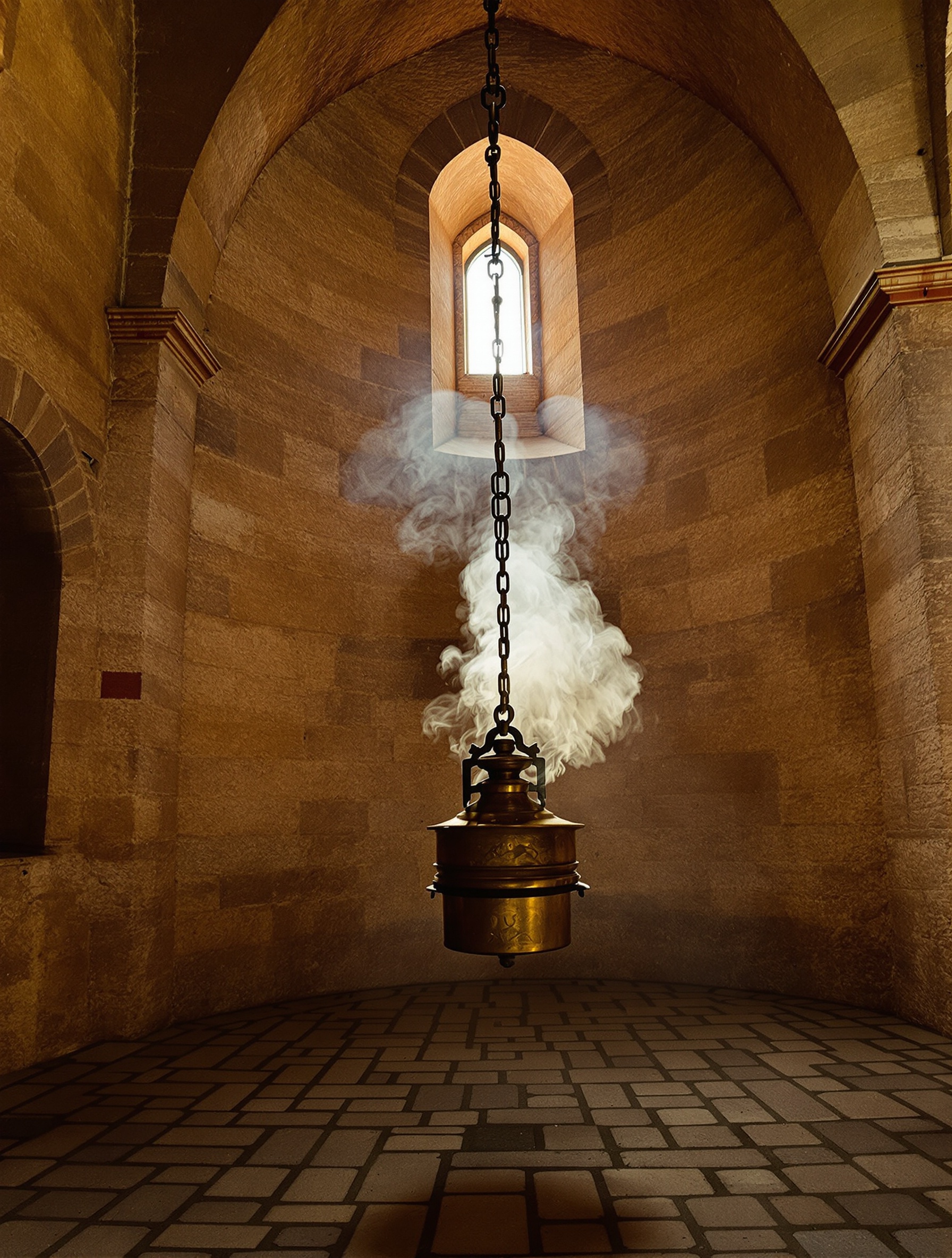 A real brass thurible hanging in a soot-darkened stone chapel, pale smoke rising toward a single shaft of amber light from a high arched window.
