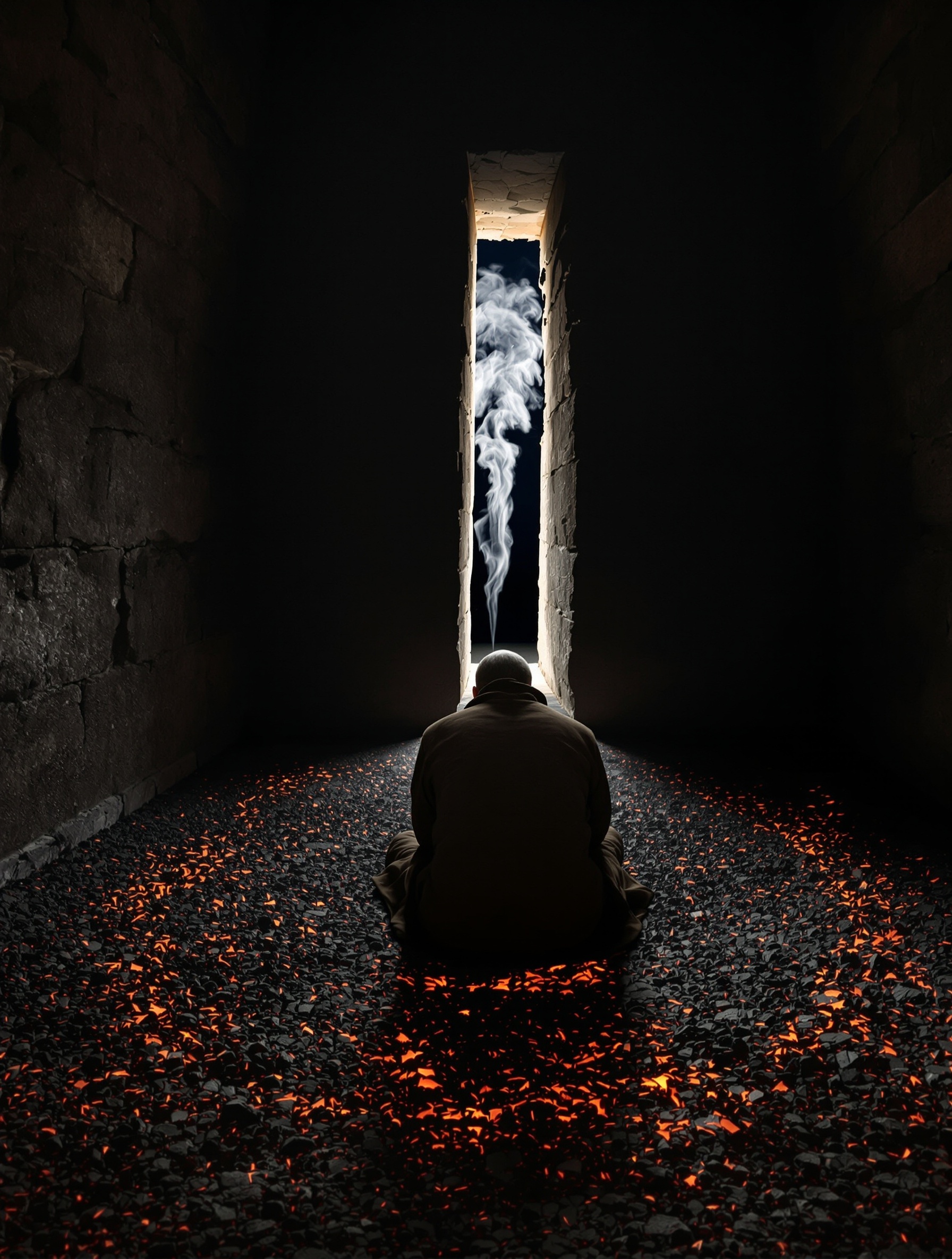 A man seated before dying sandalwood coals in a thick-walled stone room, smoke escaping through a slit window into darkness, embodying the scorched sovereignty of Interlude 53.