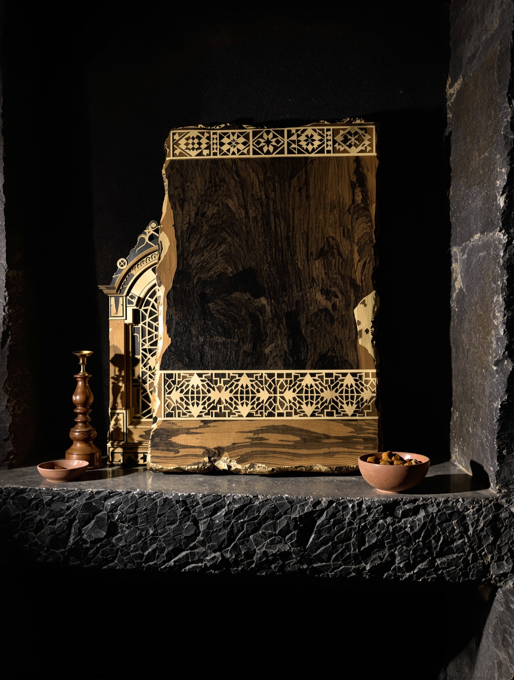 Aged agarwood and raw frankincense resin on a stone shelf in a dimly lit interior, rendering the sacred resin motifs of Amouage Interlude 53 in honest documentary detail.