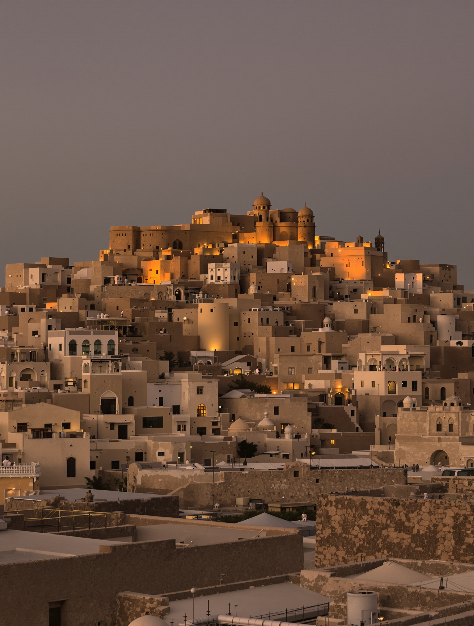 An ancient stone city at the exact moment of post-prayer silence at dusk, capturing the pre-Islamic Omani sovereignty that defines Interlude 53.