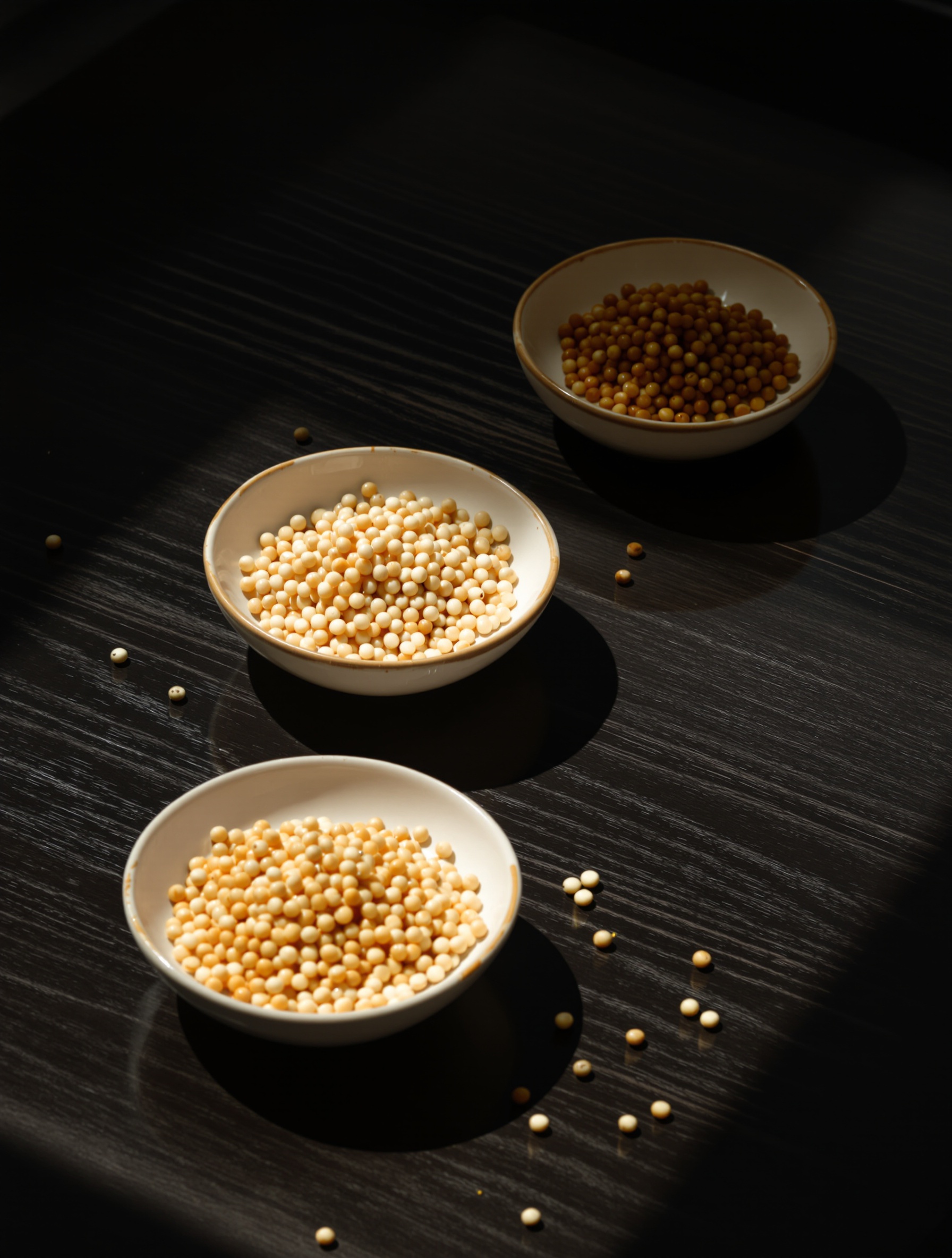 Three ceramic dishes of raw musk grain on a lacquered altar surface in raking morning light, evoking the animal-sacred heart of Borneo Trifecta.