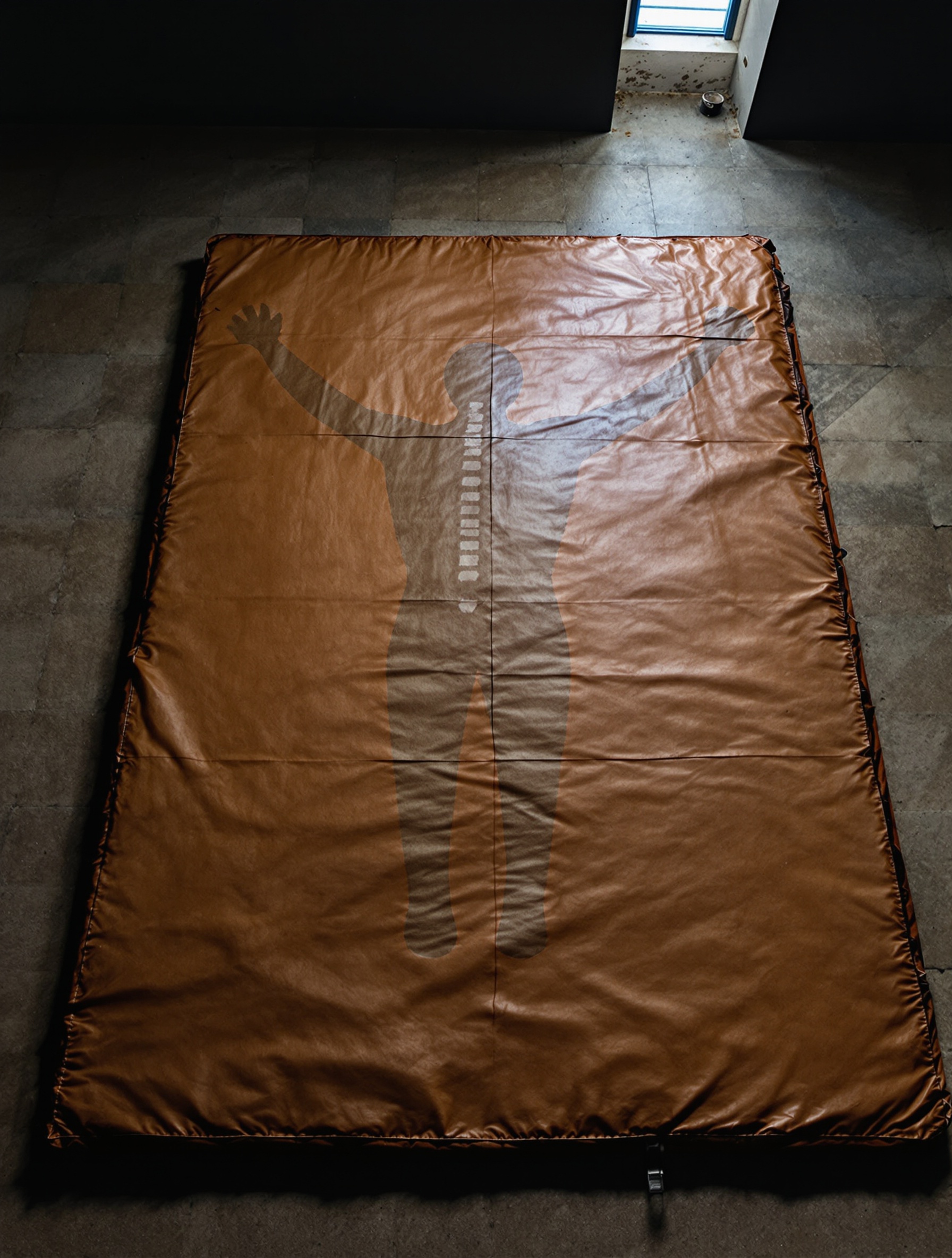 Overhead editorial photograph of a worn wrestling mat for Musc Khabib by Bortnikoff, carrying the ghost-impression of a body just risen.