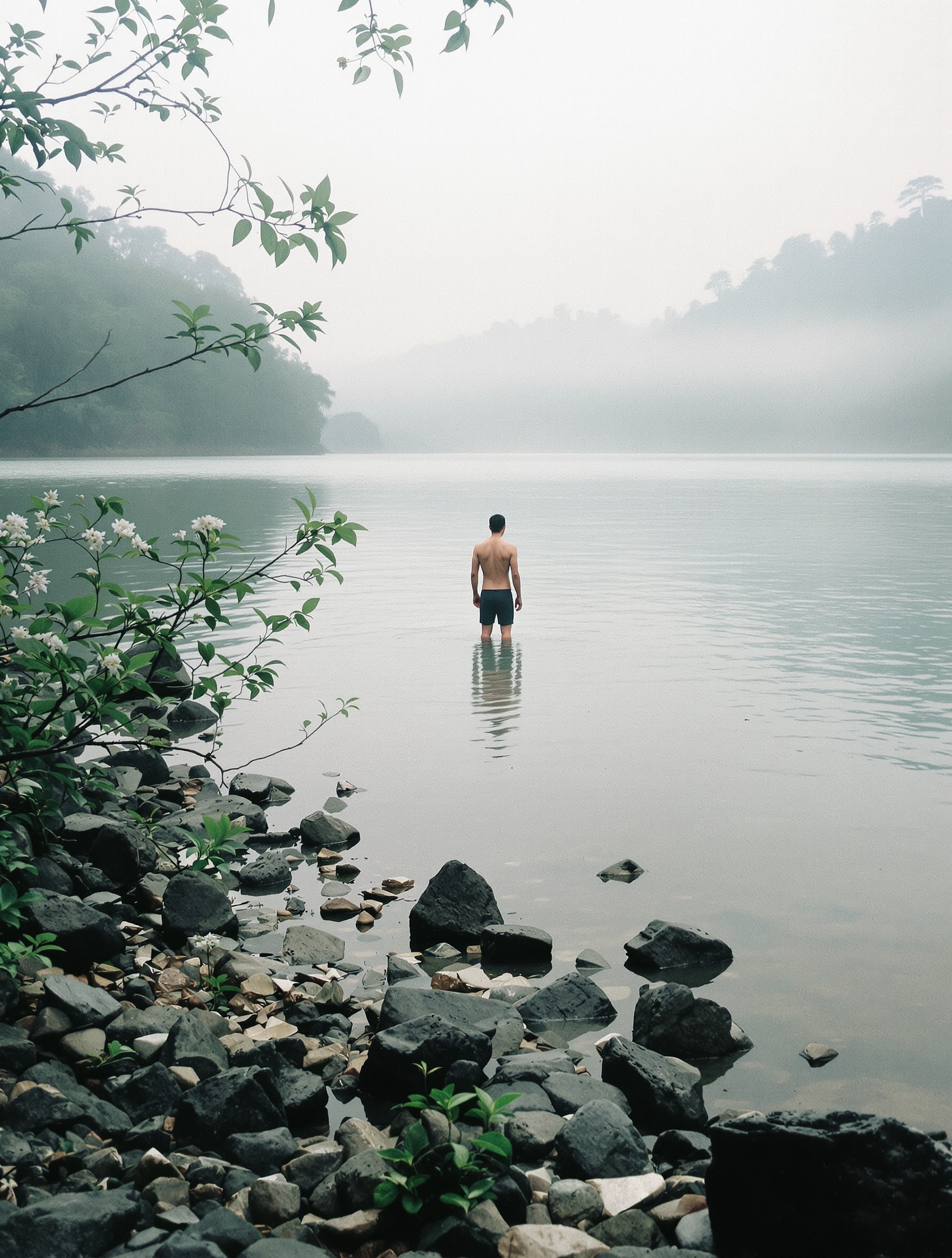 A lone figure stands with their back to the camera at the edge of a mist-covered Bornean highland river at dawn, framed by wild jasmine and dark forest.