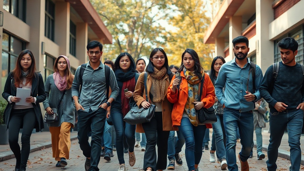 A diverse group of international students walking through a campus courtyard, reflecting various ethnic backgrounds, with autumn leaves scattered around, symbolizing the changing academic climate amid visa restrictions. High-resolution, natural light, no text.