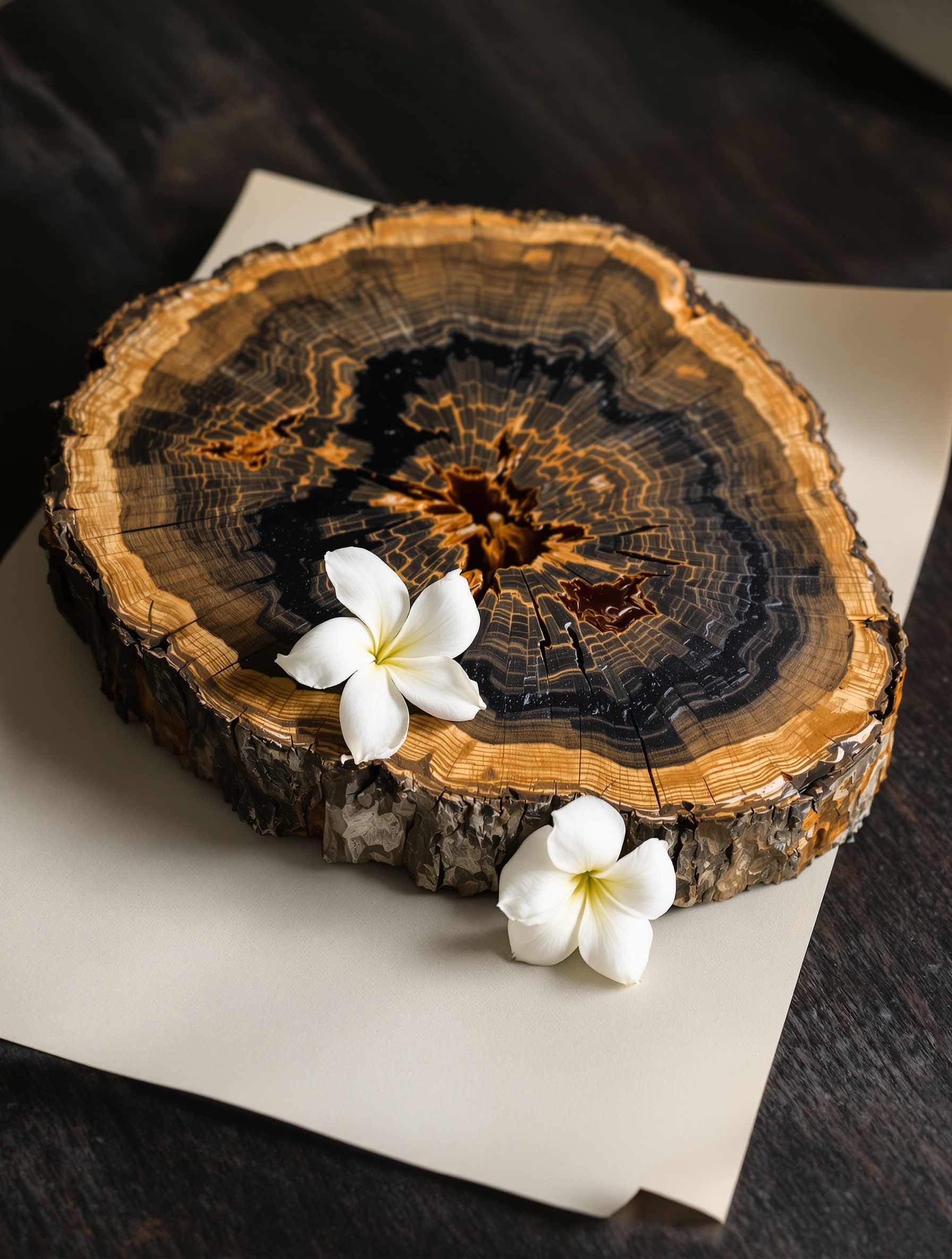A cross-section of 40-year-old agarwood with visible resin veins beside a jasmine bloom on pale paper, embodying the temporal oud-floral architecture of Borneo Trifecta.
