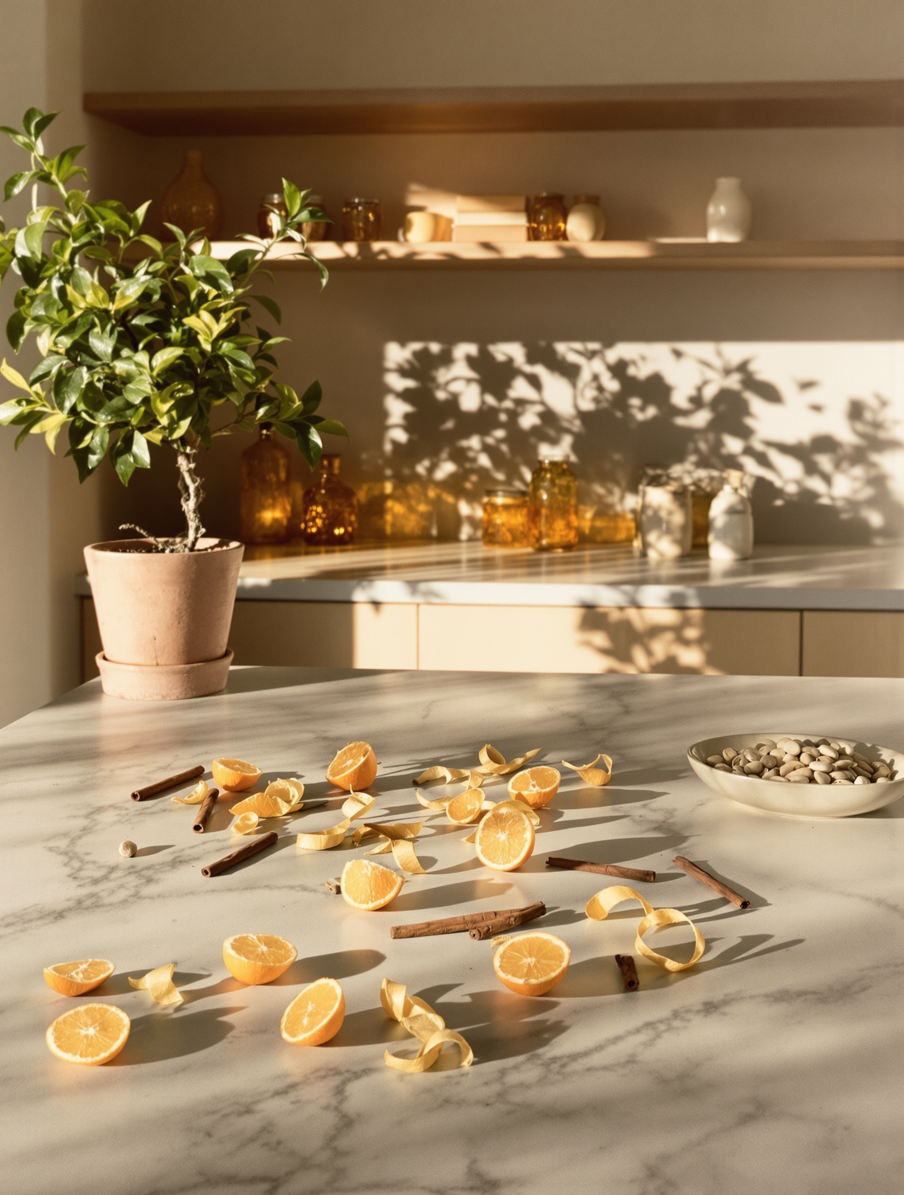 Sunlit Bologna kitchen island with halved oranges, cinnamon sticks, and vanilla pods scattered on worn marble, amber jars lining the wooden shelves behind.