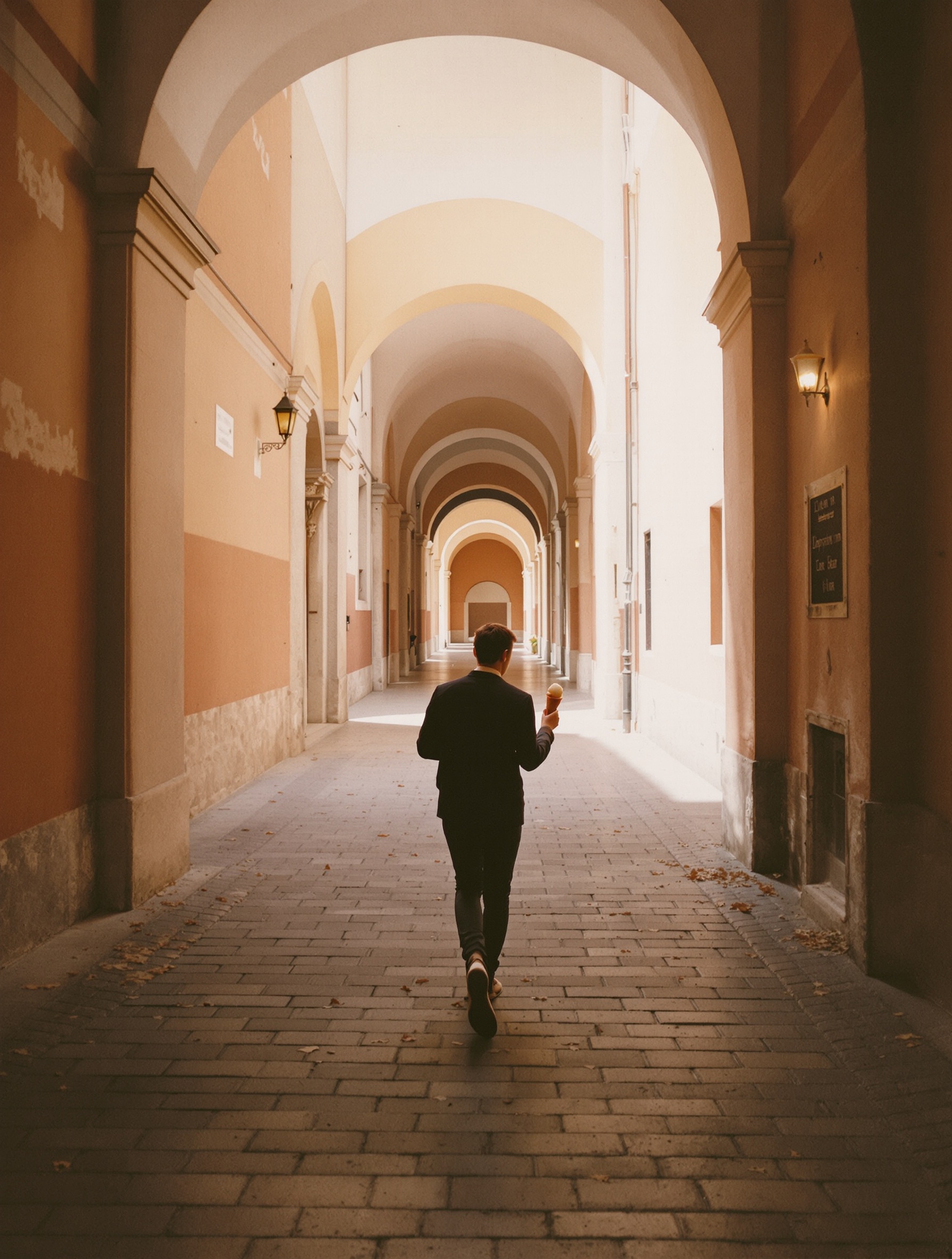 A solitary figure walking away through a sunlit Bologna arcade holding a gelato cone, capturing the warm nostalgic sweetness of Casamorati Lira.