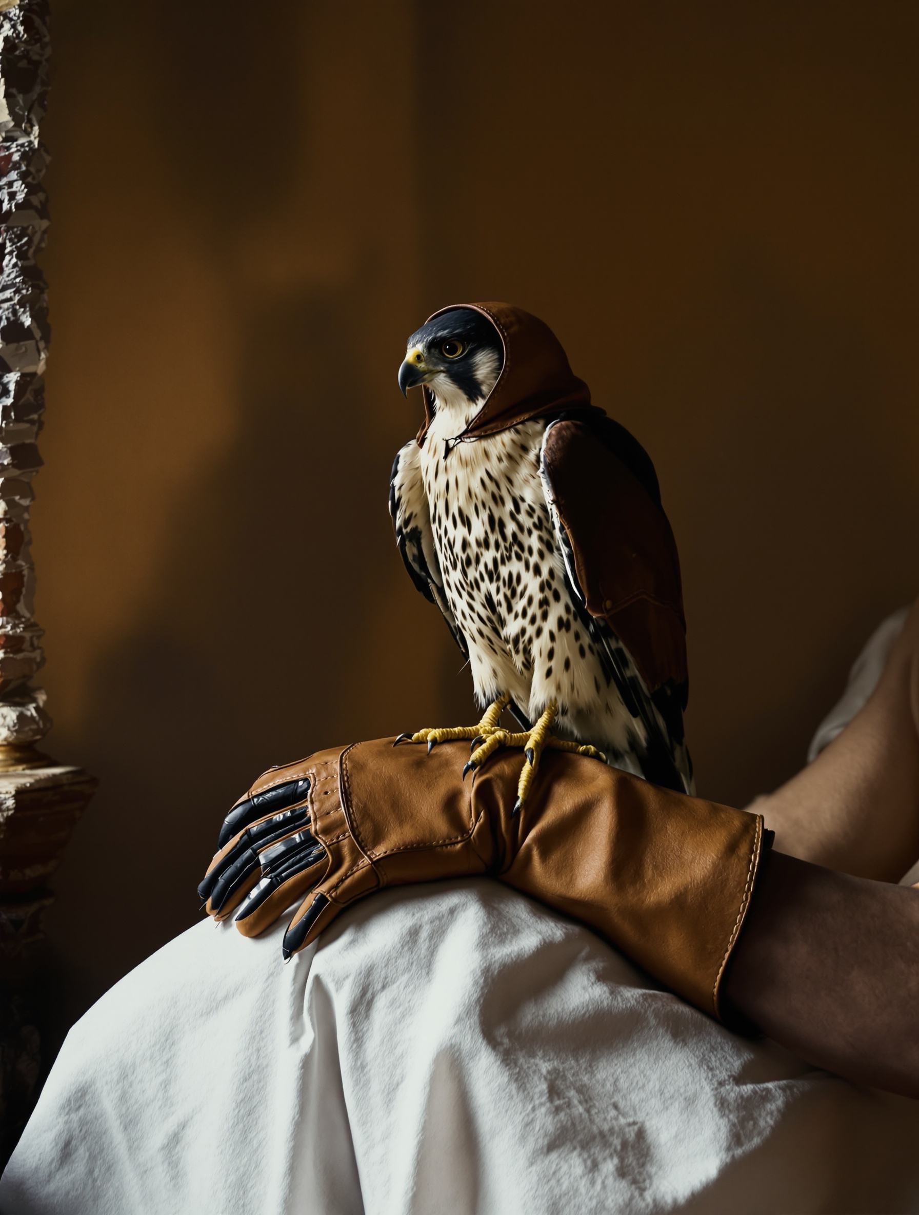 A hooded peregrine falcon perches motionless on a worn leather falconry gauntlet draped over a linen-covered knee in a dim stone chamber, lit by a single narrow window.