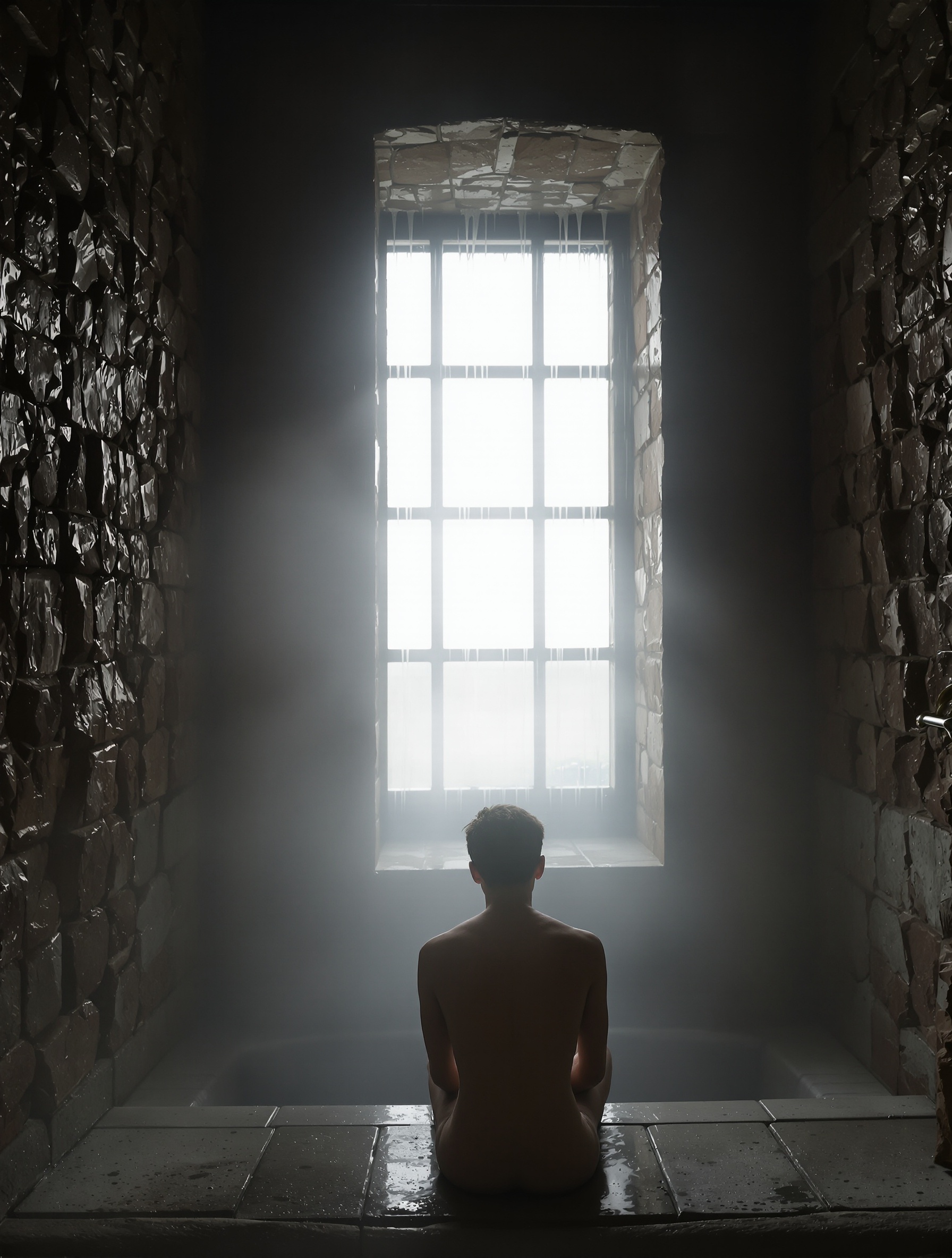 A solitary figure seen from behind in a fog-shrouded Dagestani stone bathhouse, interior of Musc Khabib's world.