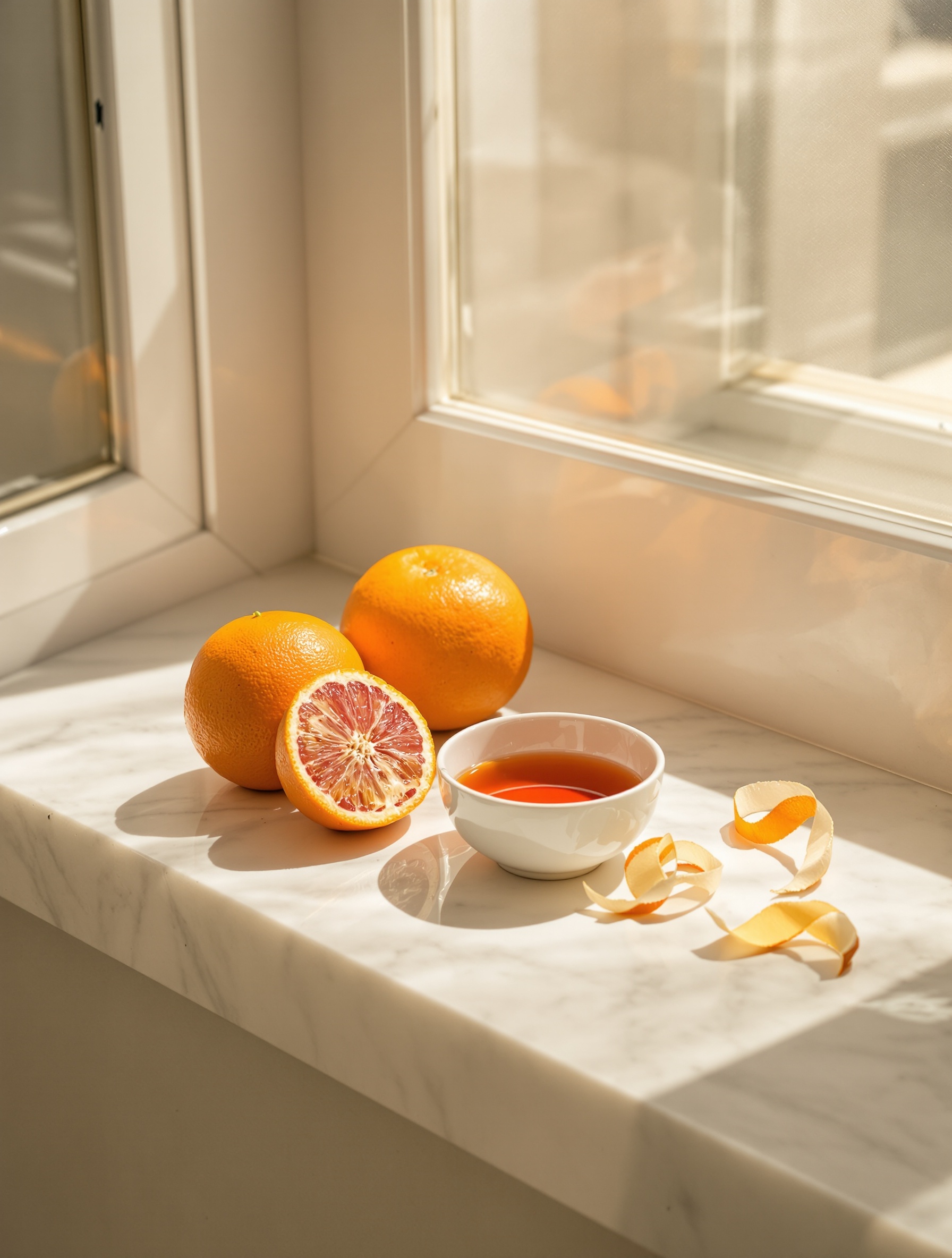 Halved blood oranges and candied peel on a sunlit marble sill, the literal citrus-caramel soul of Casamorati Lira rendered as a clean editorial still.