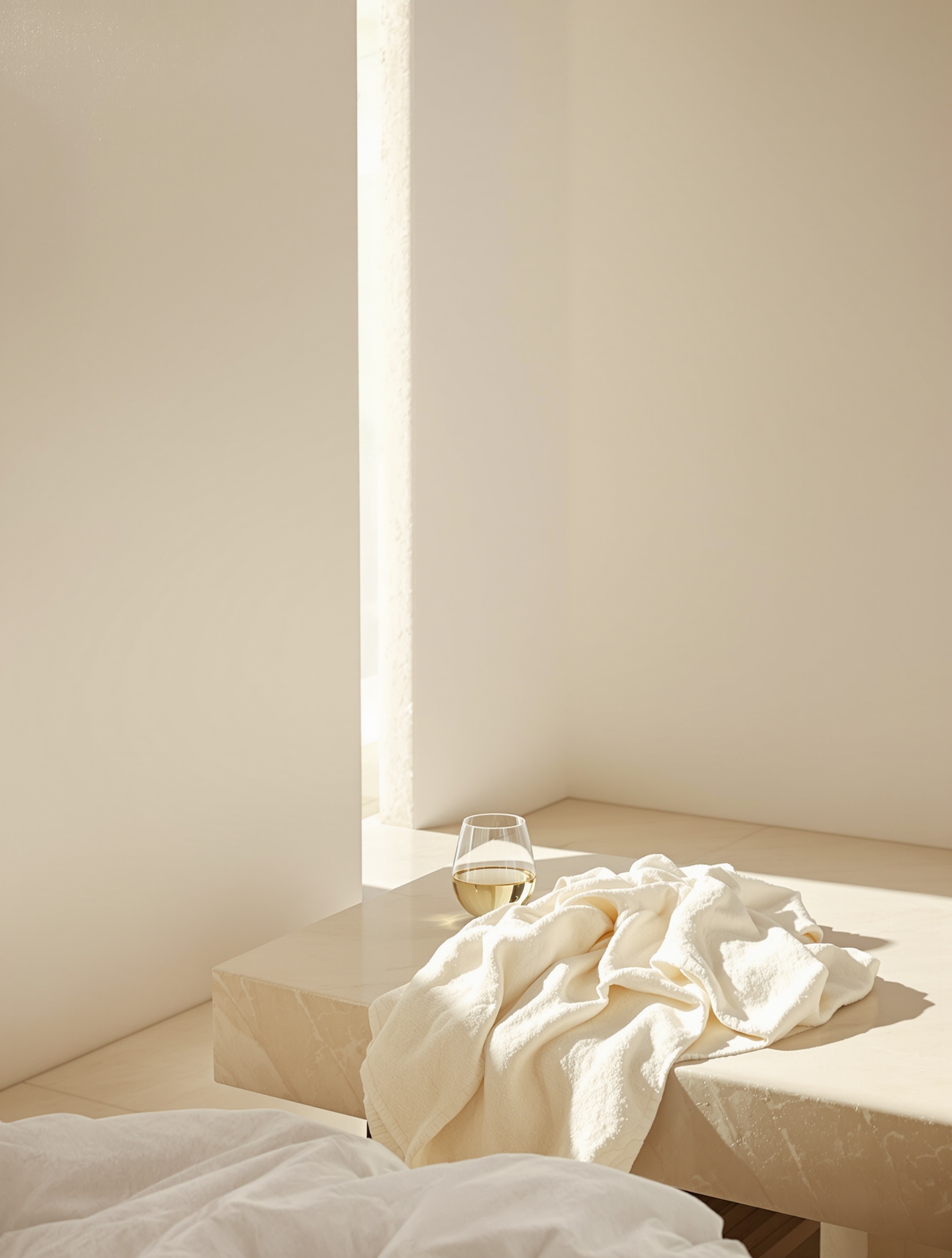 Meja beach club mewah yang lengang dengan segelas anggur putih berembun dan handuk linen terlipat di bawah cahaya siang yang terekspos berlebih, memancarkan atmosfer Sunkissed Goddess.
