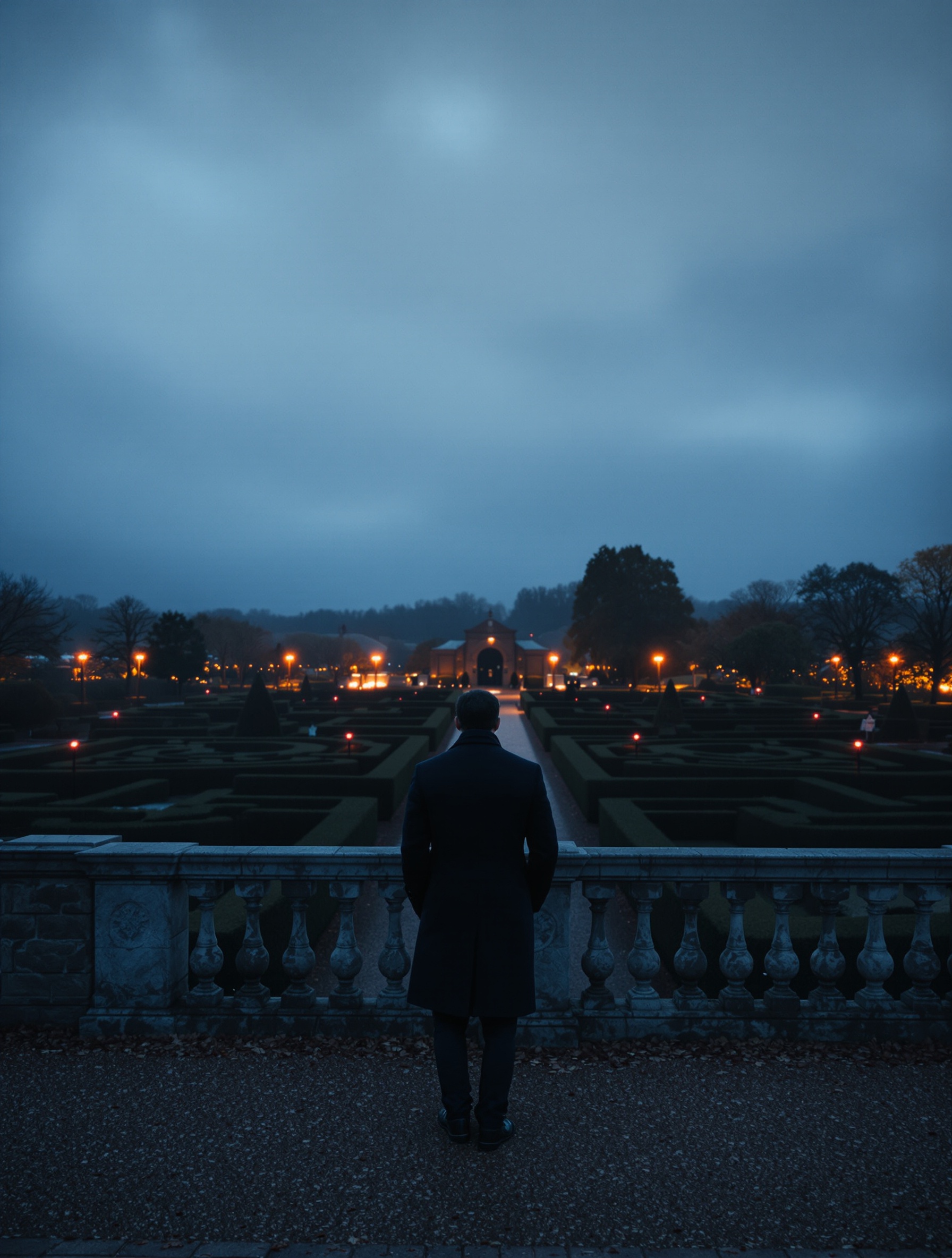 A solitary figure in a dark coat stands motionless at the edge of a formal garden at dusk, evoking the sovereign introspection of Absolu Aventus.