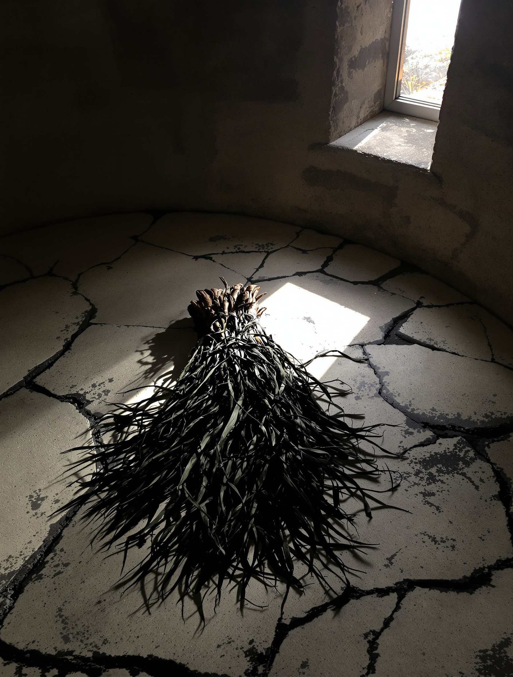 Fresh vetiver roots laid on a cold stone cellar floor in raking window light, grounding the dark earthy soul of Absolu Aventus.