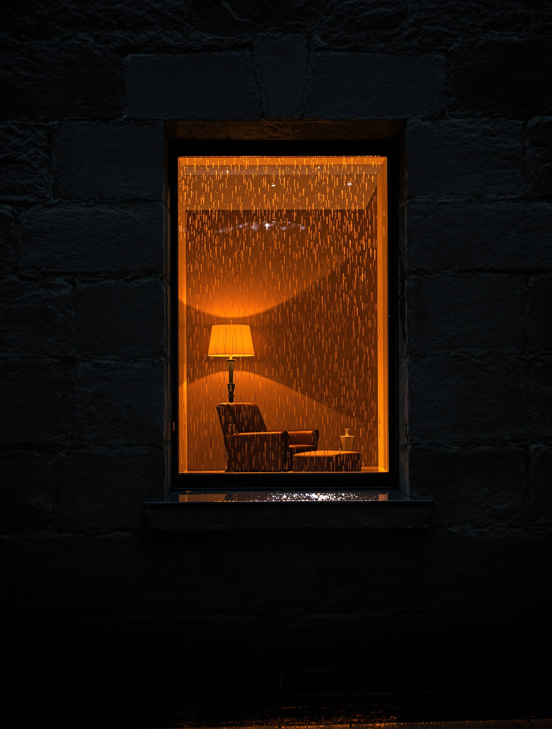 A rain-streaked window reveals a single amber-lit room and a motionless seated silhouette within a dark stone building, the private world of Absolu Aventus.
