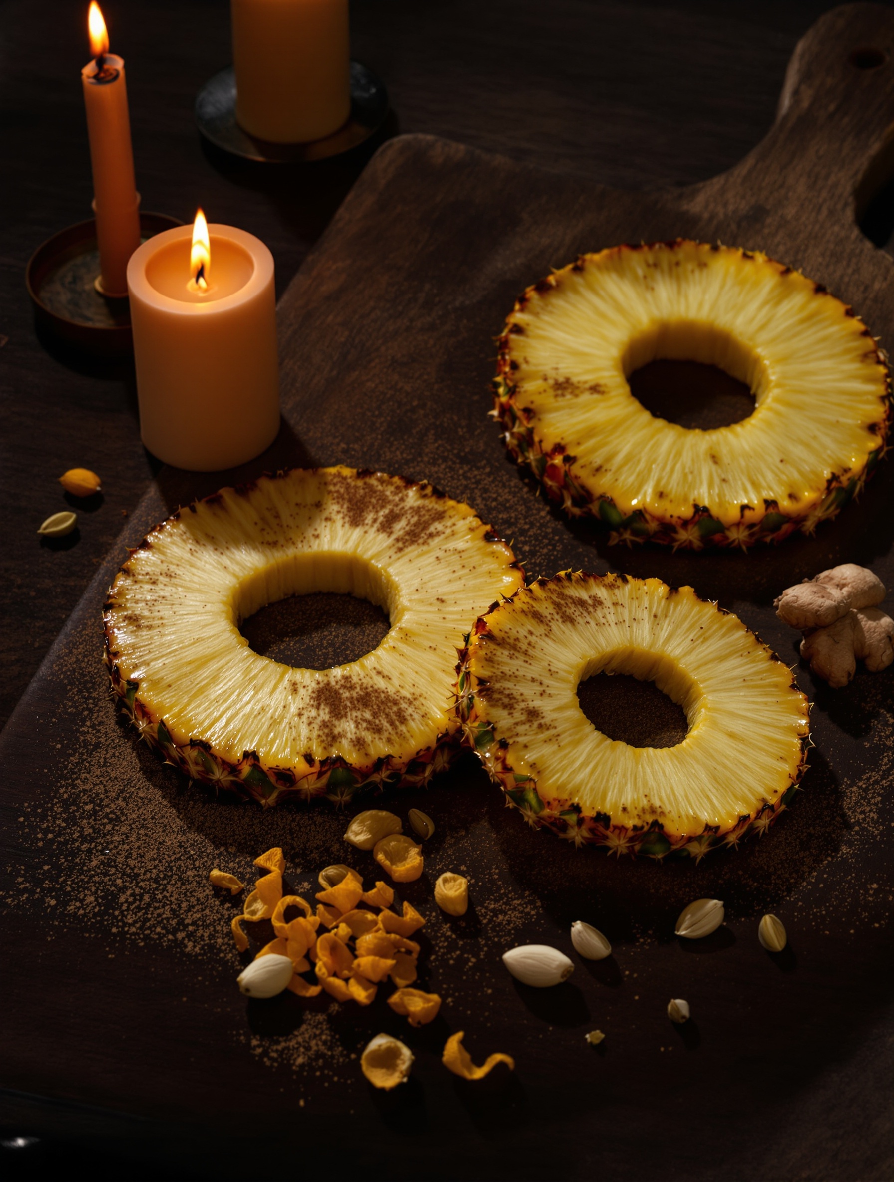 Drying cinnamon-dusted pineapple cross-sections and warm spices on dark oak in candlelight, mapping the spiced-fruit heart of Absolu Aventus.