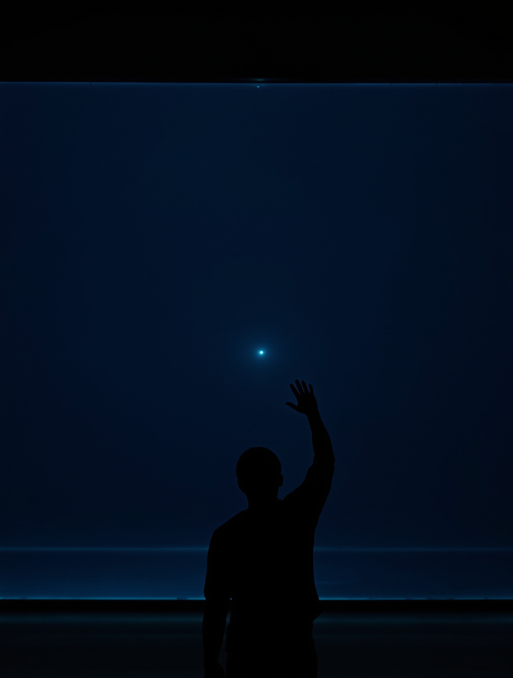 A solitary silhouetted figure presses a hand to dark aquarium glass, a single bioluminescent point glowing deep in the blackness beyond, evoking Zoologist Squid.