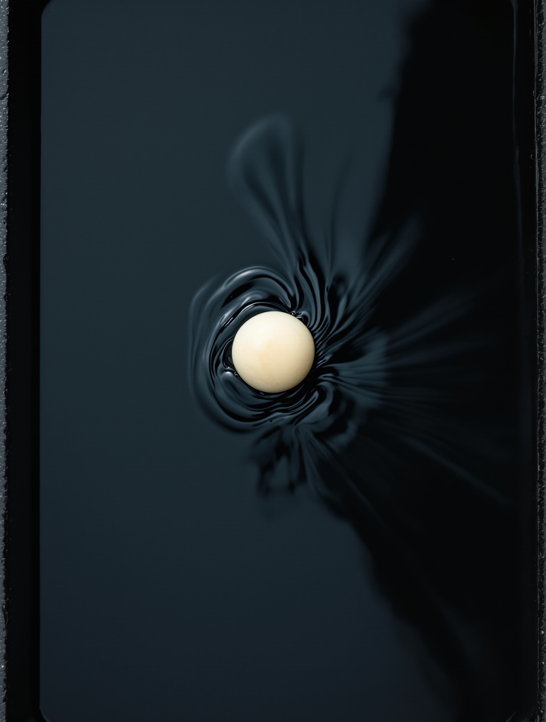 A tiny pale ambergris nodule sits at the center of a vast dark tray of still water as a slow thread of black ink spirals gently outward around it.