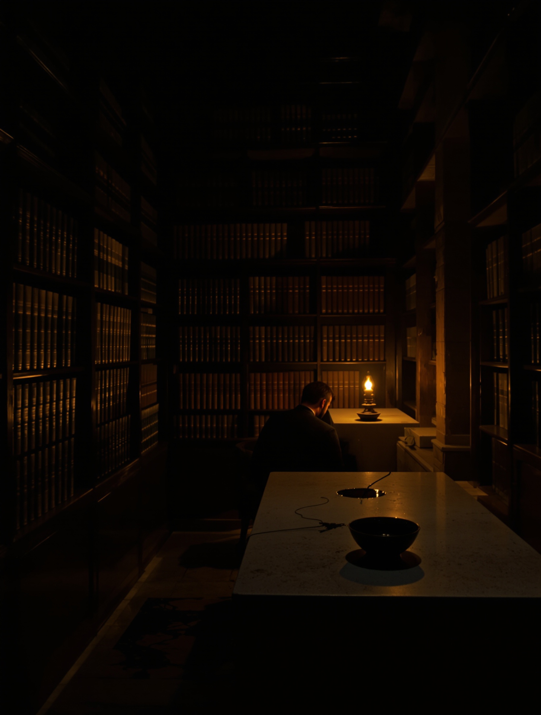 A solitary figure sits at a lamp-lit desk in a dark archive, surrounded by deep prussian shadow, conjuring the sealed library at the bottom of the world in Zoologist Squid.