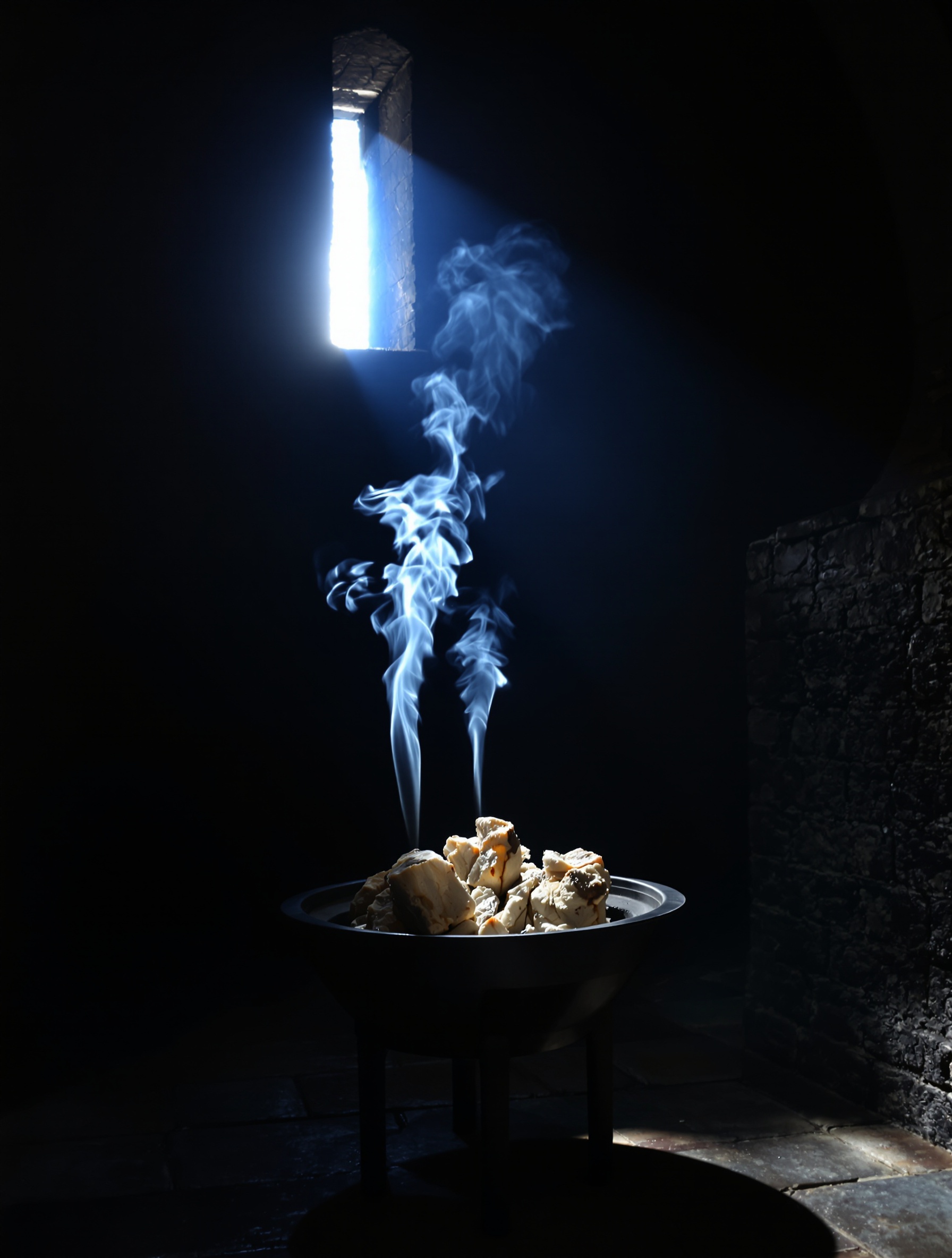 Raw frankincense resin burns in a dark stone vault, its smoke rising in slow columns through a single shaft of cold light, evoking the incense and sacred darkness of Zoologist Squid.