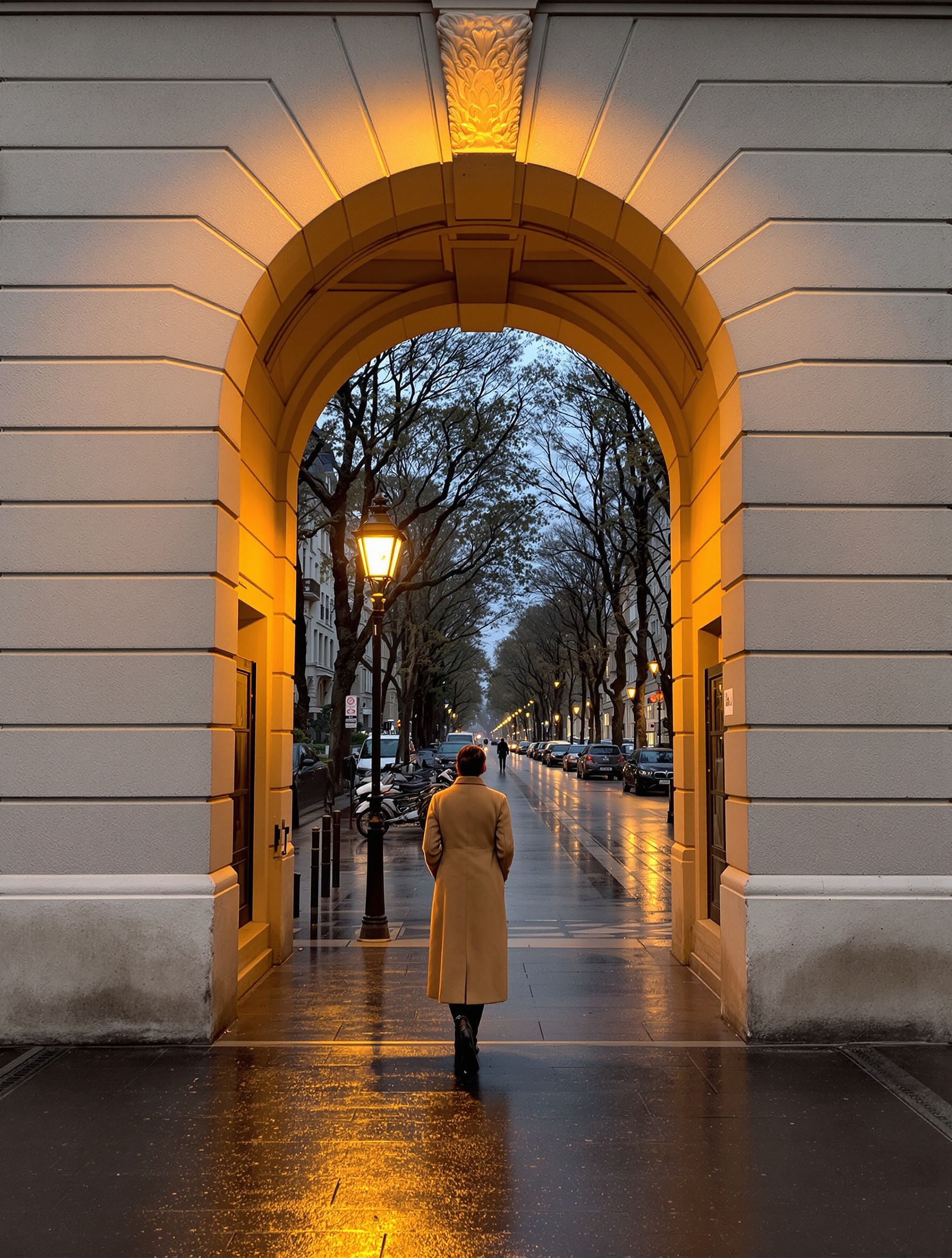 Santal de Paris evoked by a solitary figure in cashmere pausing under a Haussmann archway in amber evening light.