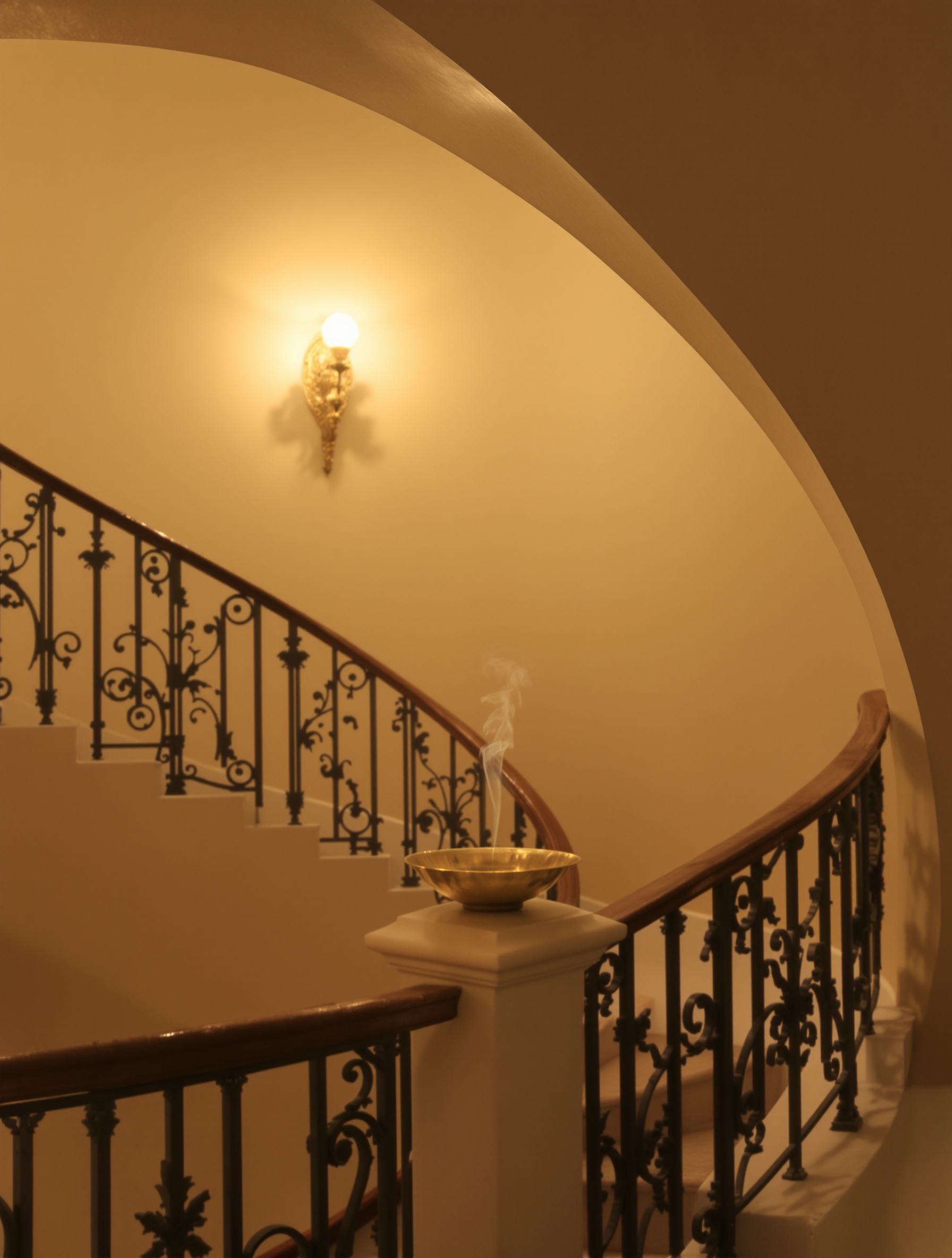 Santal de Paris conjured by benzoin incense smoke rising in a candlelit Parisian apartment stairwell.