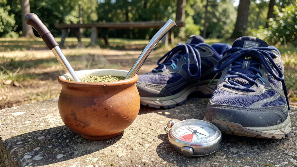 Yerba mate gourd and cup of green tea side by side in outdoor fitness setting
