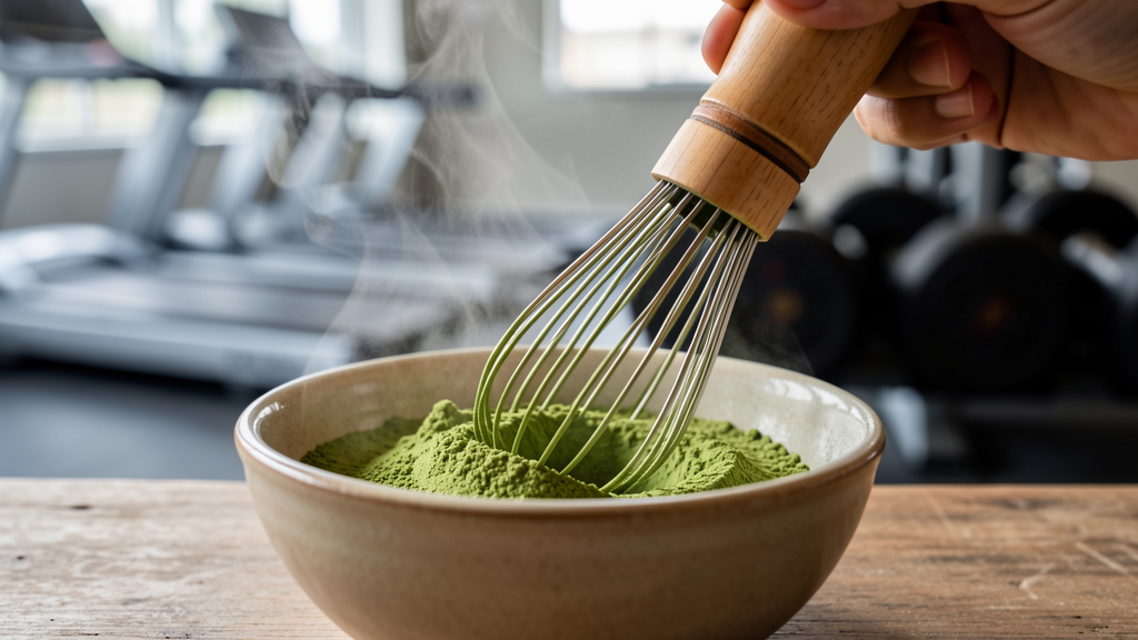 Whisking matcha green tea powder in a bowl with gym equipment blurred in background