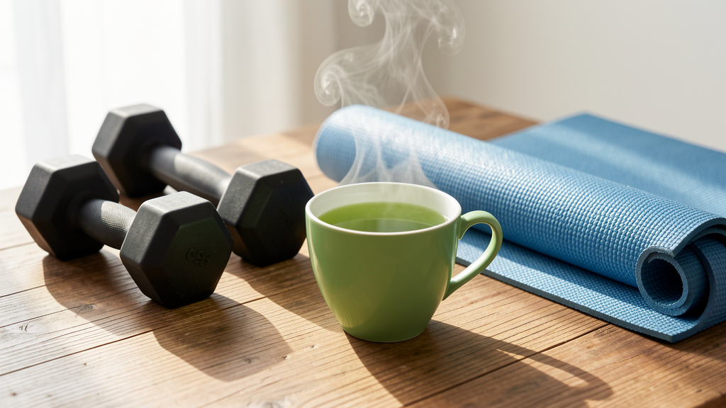 Green tea alongside workout equipment for pre-workout energy