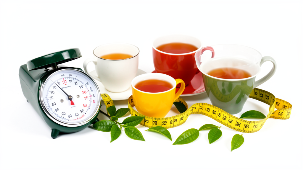 Cups of green tea arranged with measuring tape and scale for metabolism concept