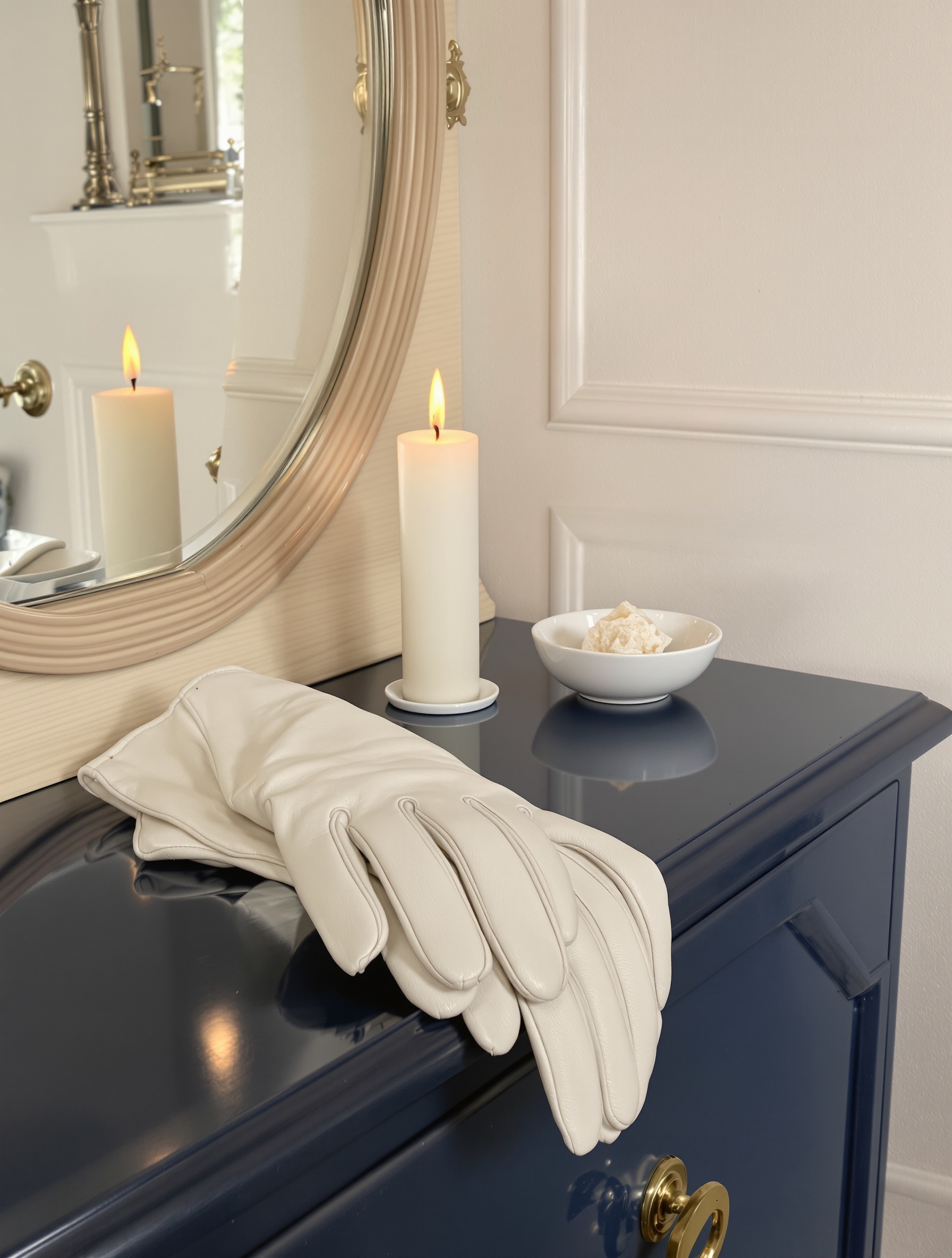 Santal de Paris distilled into kid-leather gloves and a half-burned candle on a navy lacquered vanity.