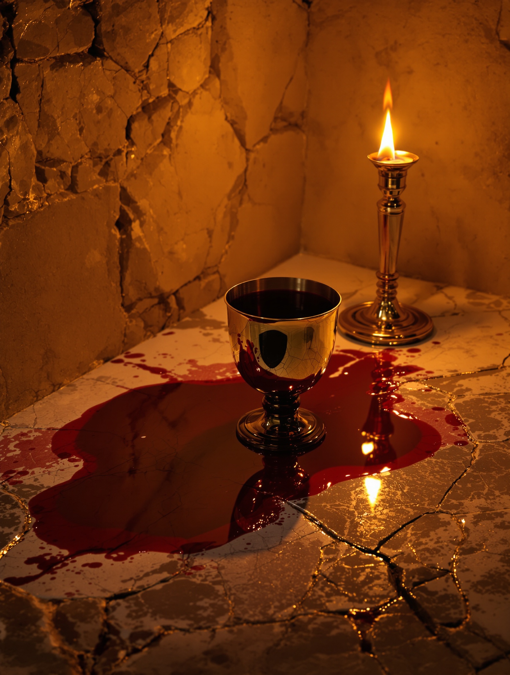 A tipped gold wine cup spills red wine across cracked ancient marble under torchlight, evoking Triumph of Bacchus by Argos.