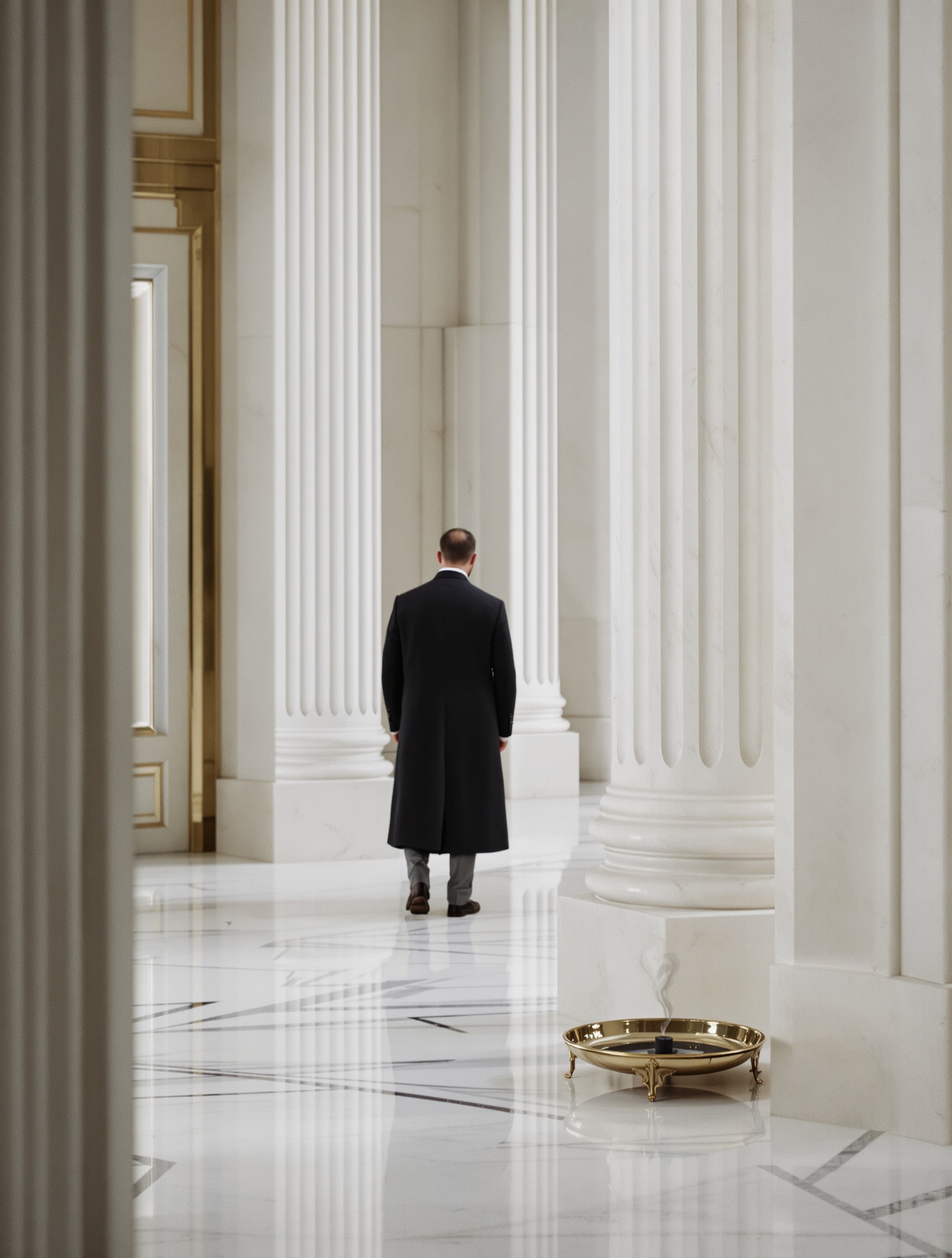 Mężczyzna w ciemnym płaszczu stoi bez ruchu w marmurowym przedsionku, gdy dym z agarwood unosi się z mosiężnej tacy u jego boku, przywołując Royal Oud marki Creed.
