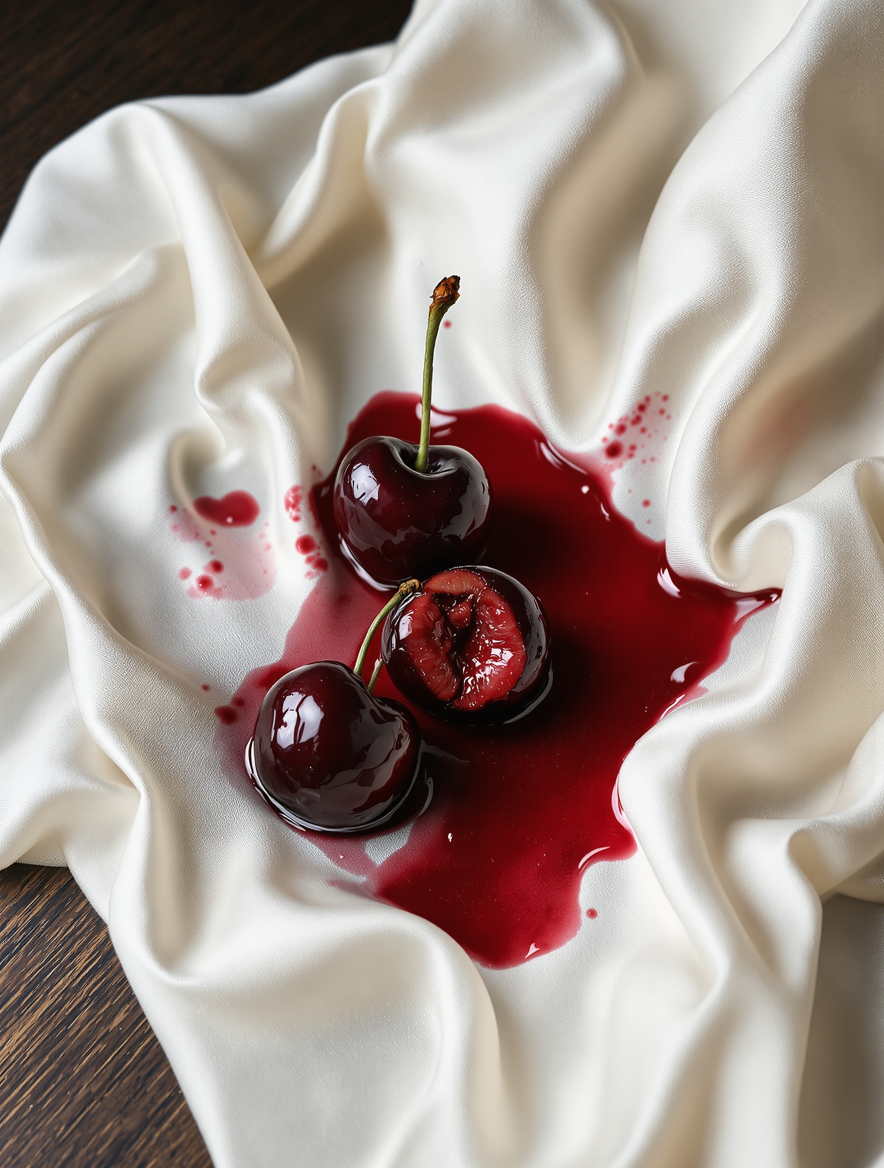 Overripe black cherries split and staining ivory silk charmeuse on a dark wooden surface, the bleeding carmine juice evoking the dark sensuous opening of Creed Carmina.