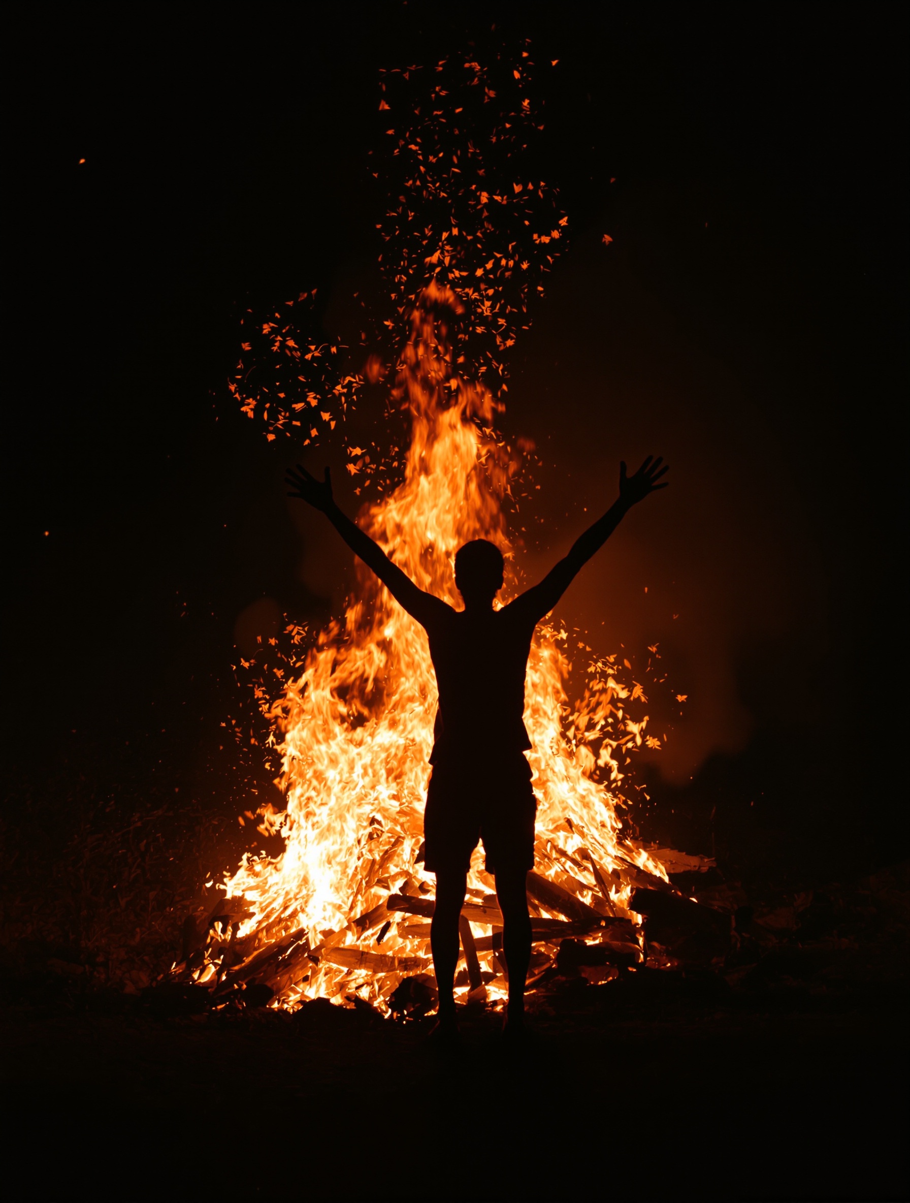 A silhouetted figure stands arms raised before a bonfire at ruined stone walls, vine leaves spiralling into smoke, shot for Triumph of Bacchus by Argos.